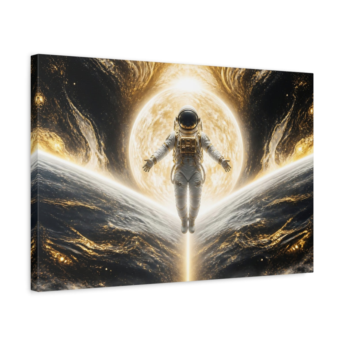 Side Mockup 3. Sunlit Astronaut Ascension shown as canvas print