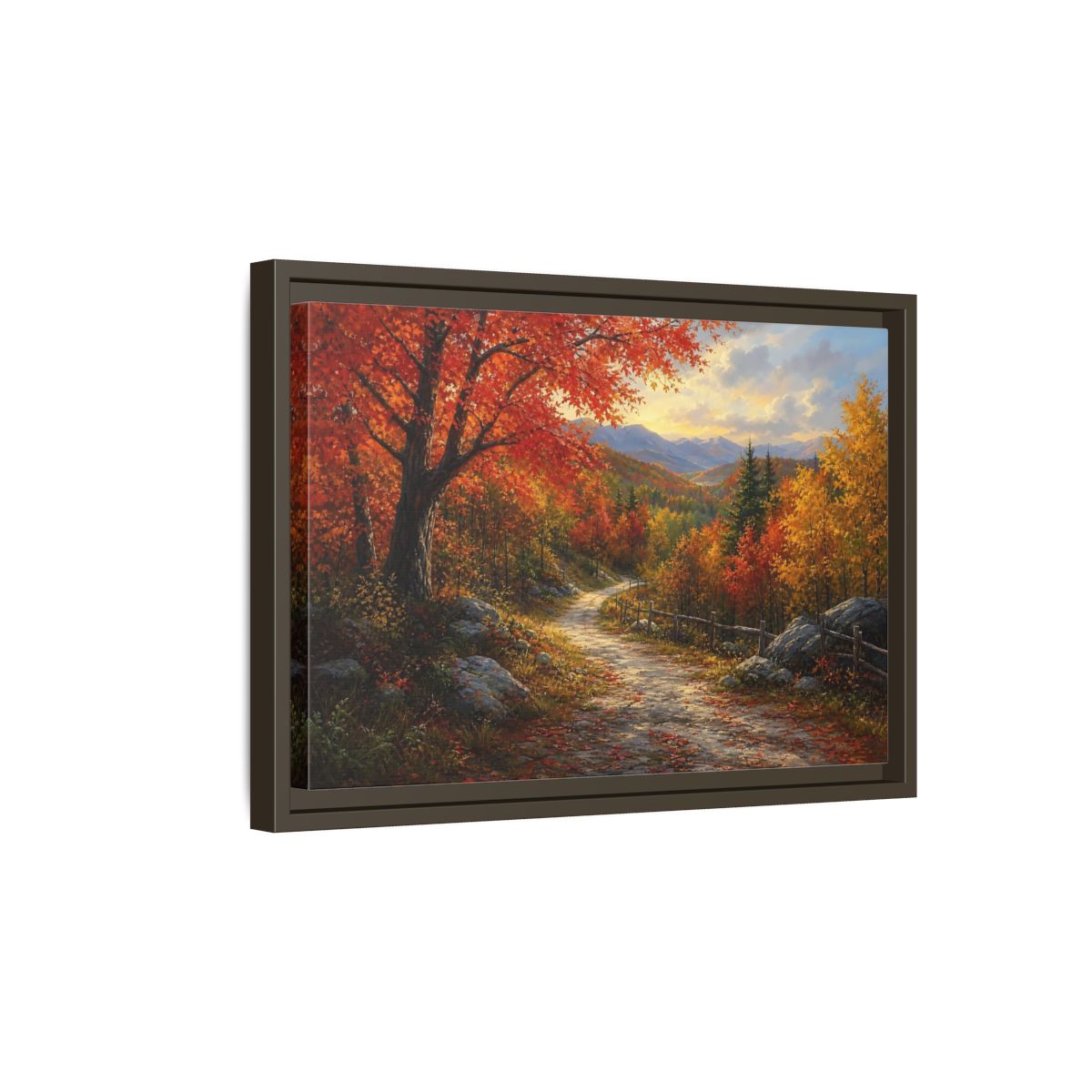 Side Mockup 5. Sunlit Autumn Trail shown as framed canvas print