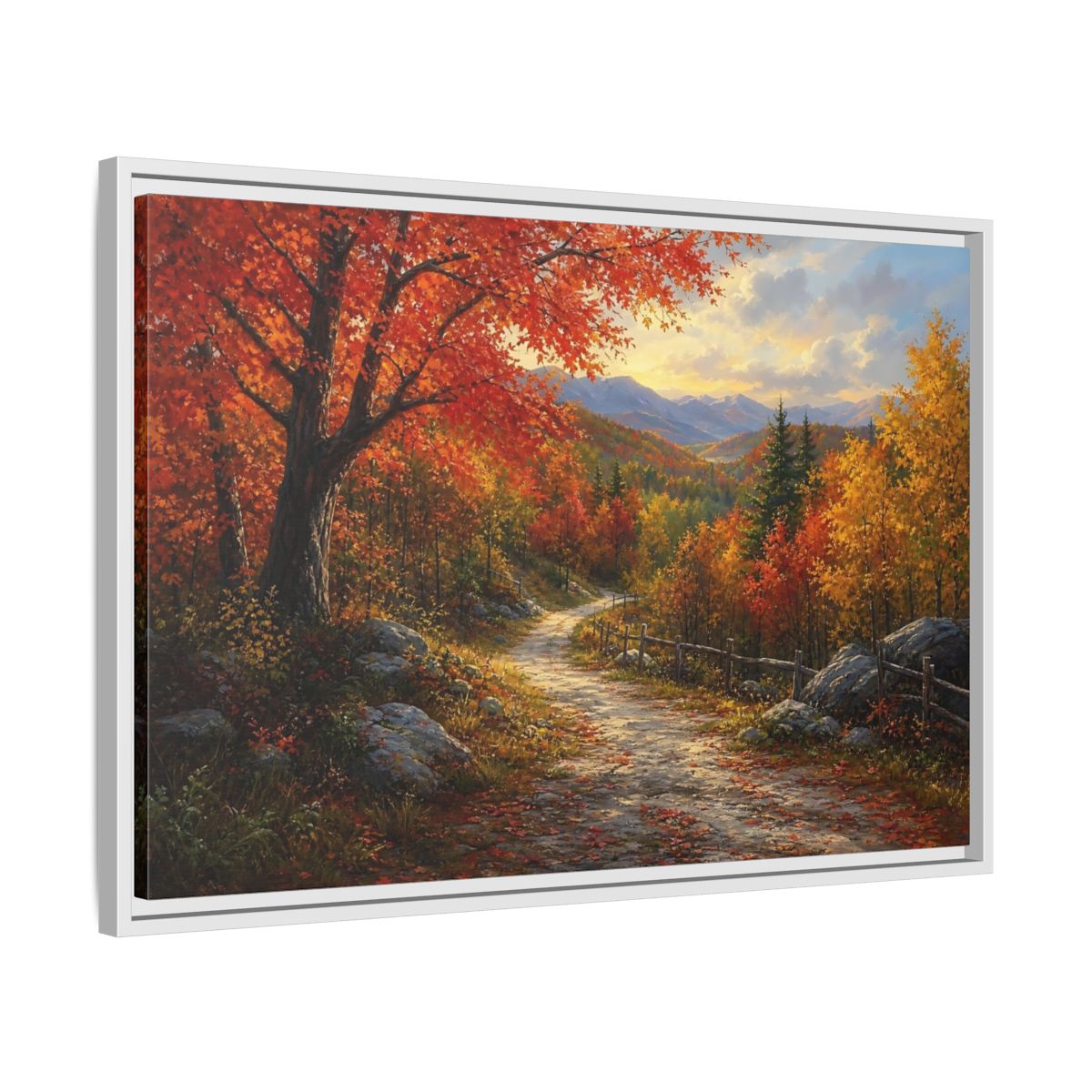 Side Mockup 10. Sunlit Autumn Trail shown as framed canvas print