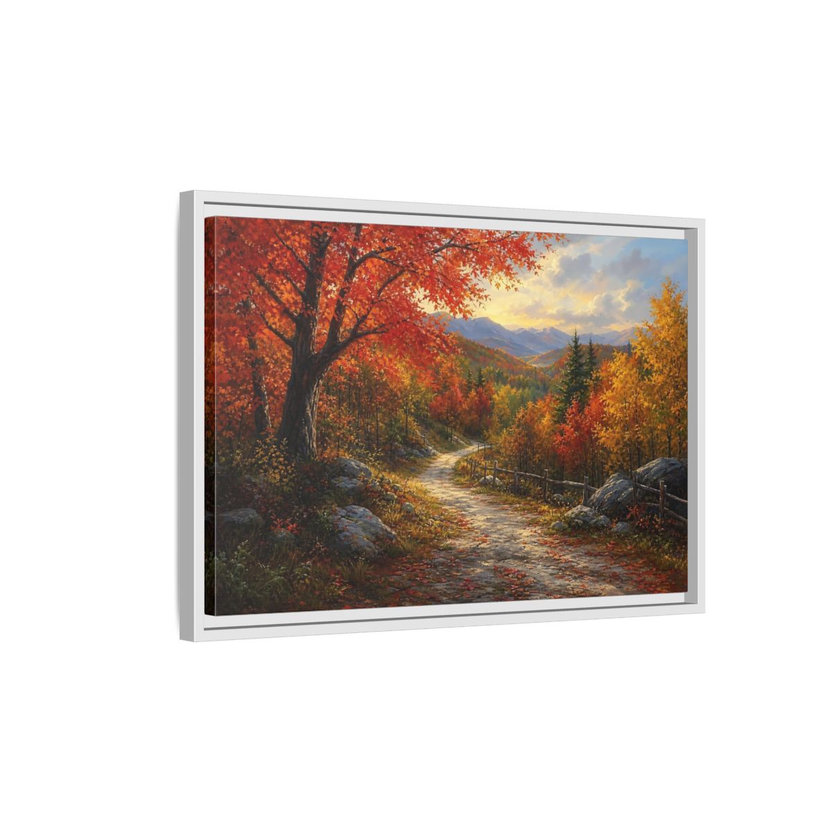 Side Mockup 1. Sunlit Autumn Trail shown as framed canvas print