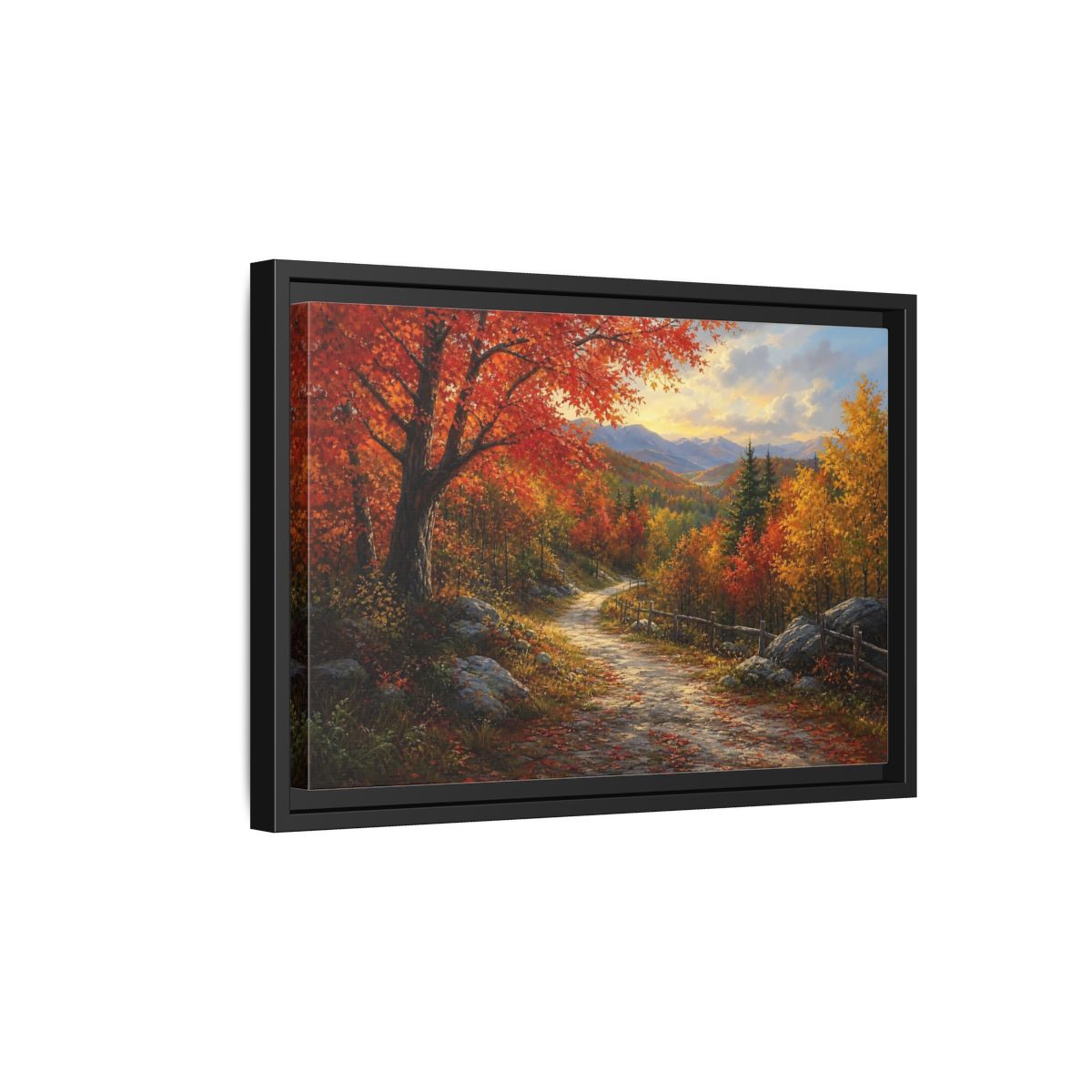Side Mockup 6. Sunlit Autumn Trail shown as framed canvas print
