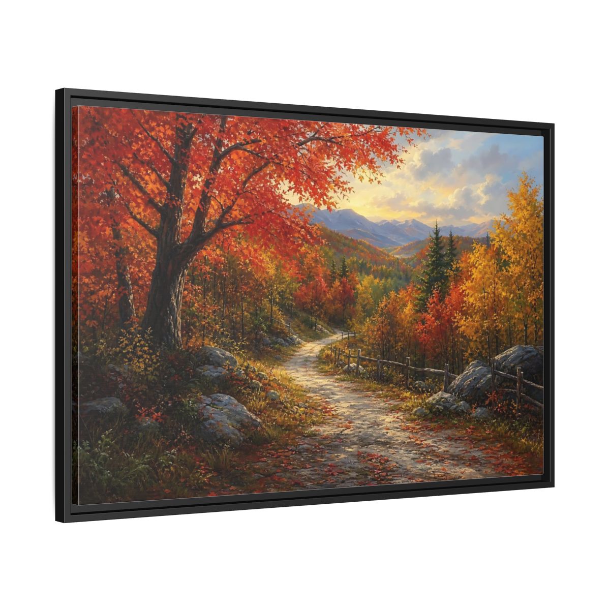 Side Mockup 13. Sunlit Autumn Trail shown as framed canvas print