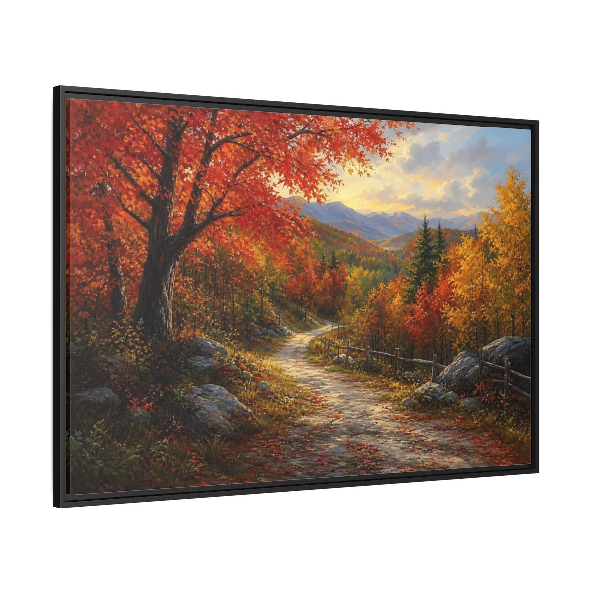 Side Mockup 12. Sunlit Autumn Trail shown as framed canvas print