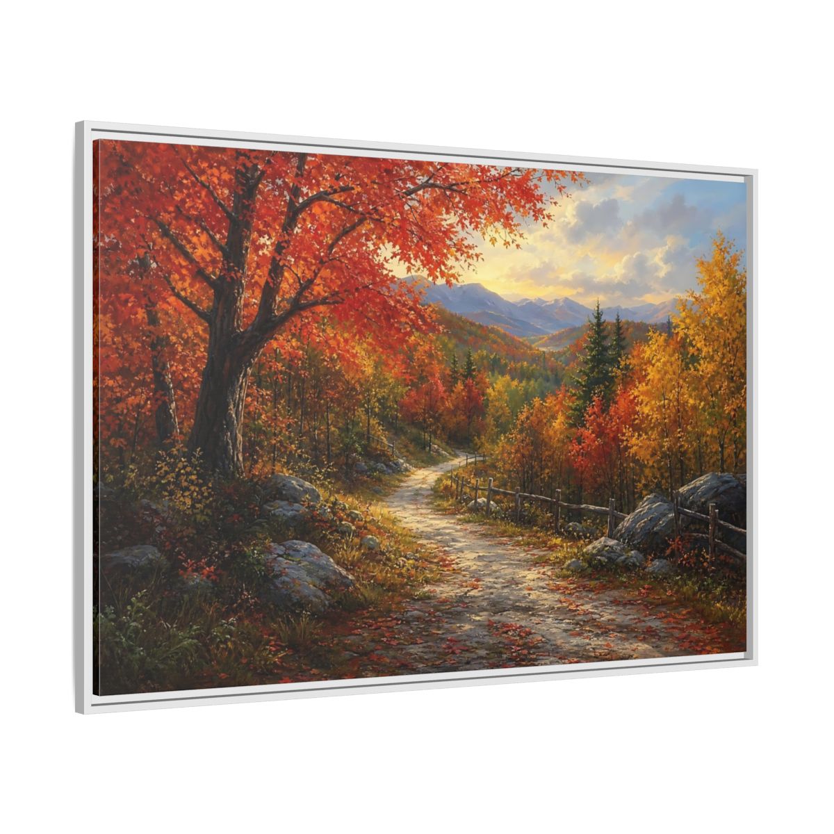 Side Mockup 7. Sunlit Autumn Trail shown as framed canvas print