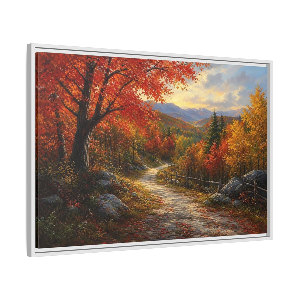 Side Mockup 9. Sunlit Autumn Trail shown as framed canvas print