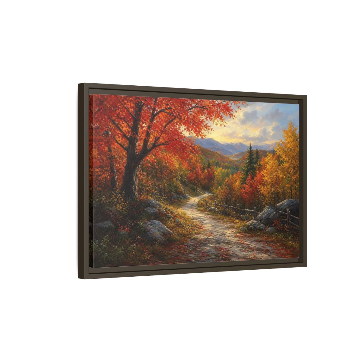 Side Mockup 2. Sunlit Autumn Trail shown as framed canvas print