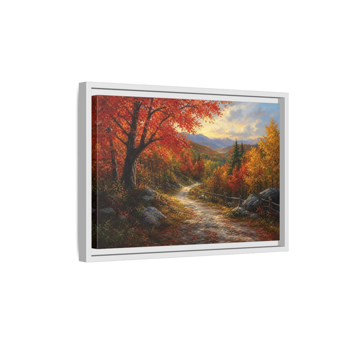Side Mockup 4. Sunlit Autumn Trail shown as framed canvas print