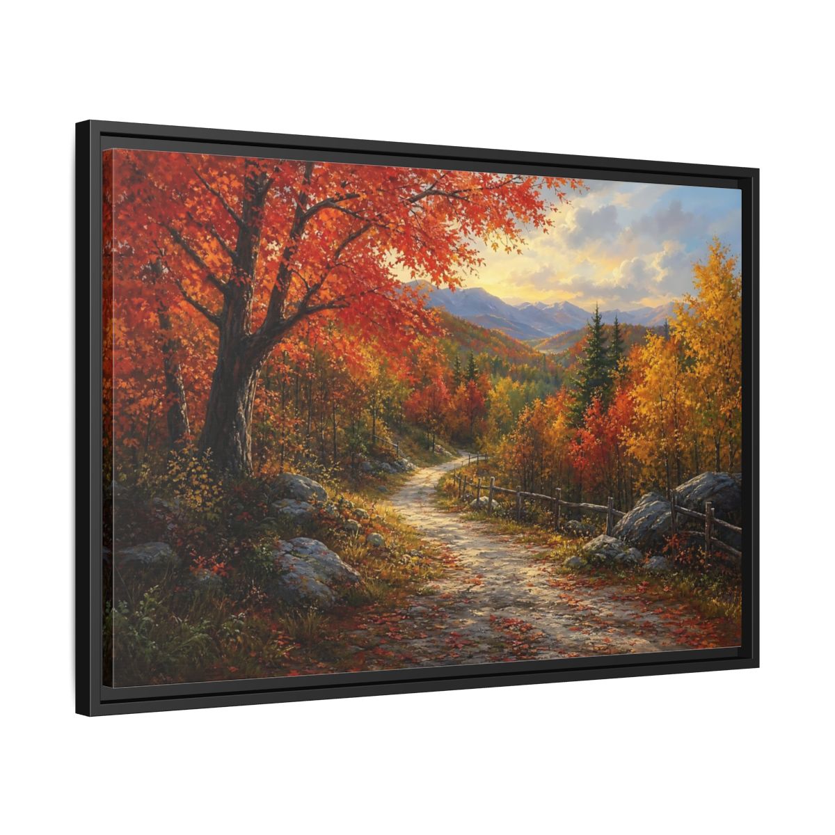 Side Mockup 14. Sunlit Autumn Trail shown as framed canvas print