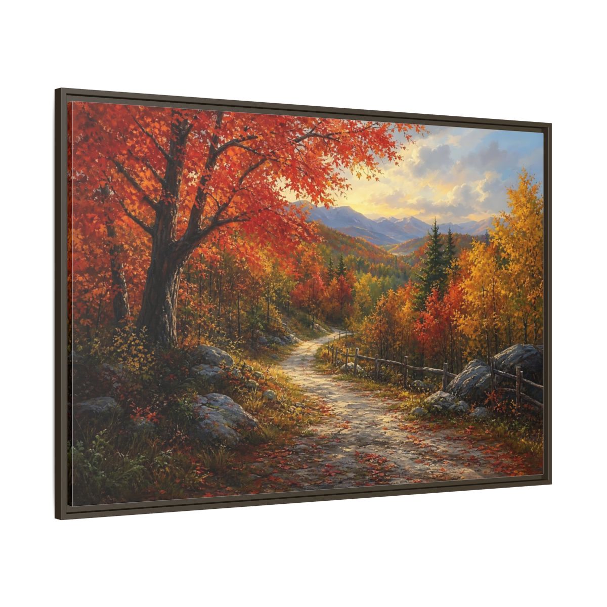 Side Mockup 8. Sunlit Autumn Trail shown as framed canvas print