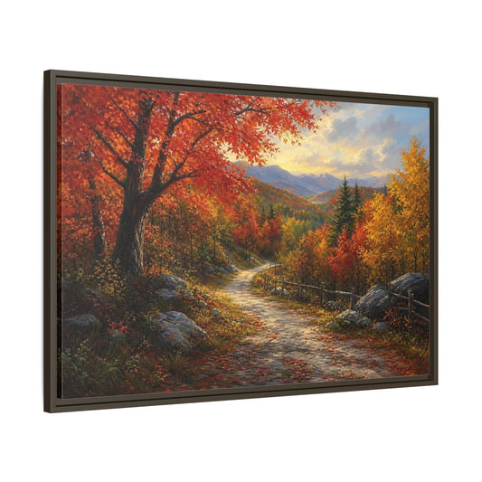 Main Mockup. Sunlit Autumn Trail shown as framed canvas print