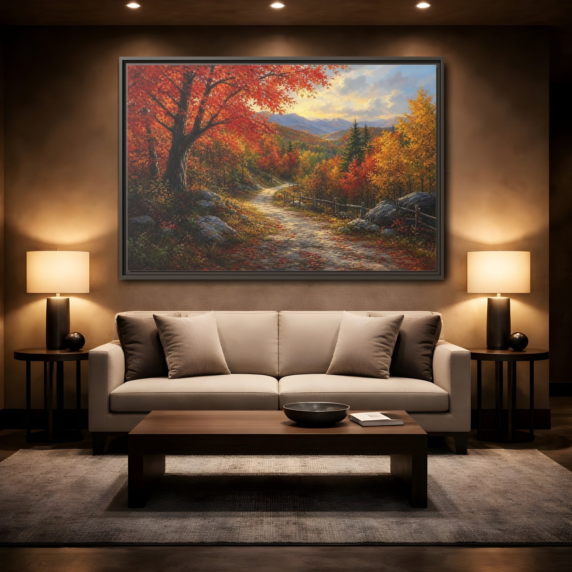 Mockup 2. Sunlit Autumn Trail shown as framed canvas print