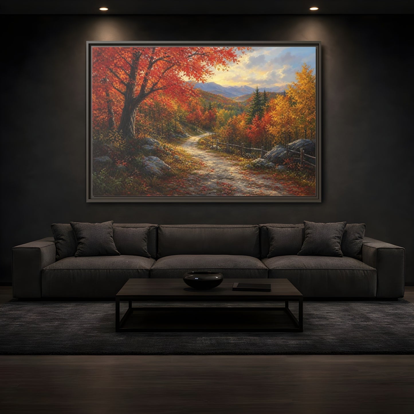 Mockup 3. Sunlit Autumn Trail shown as framed canvas print