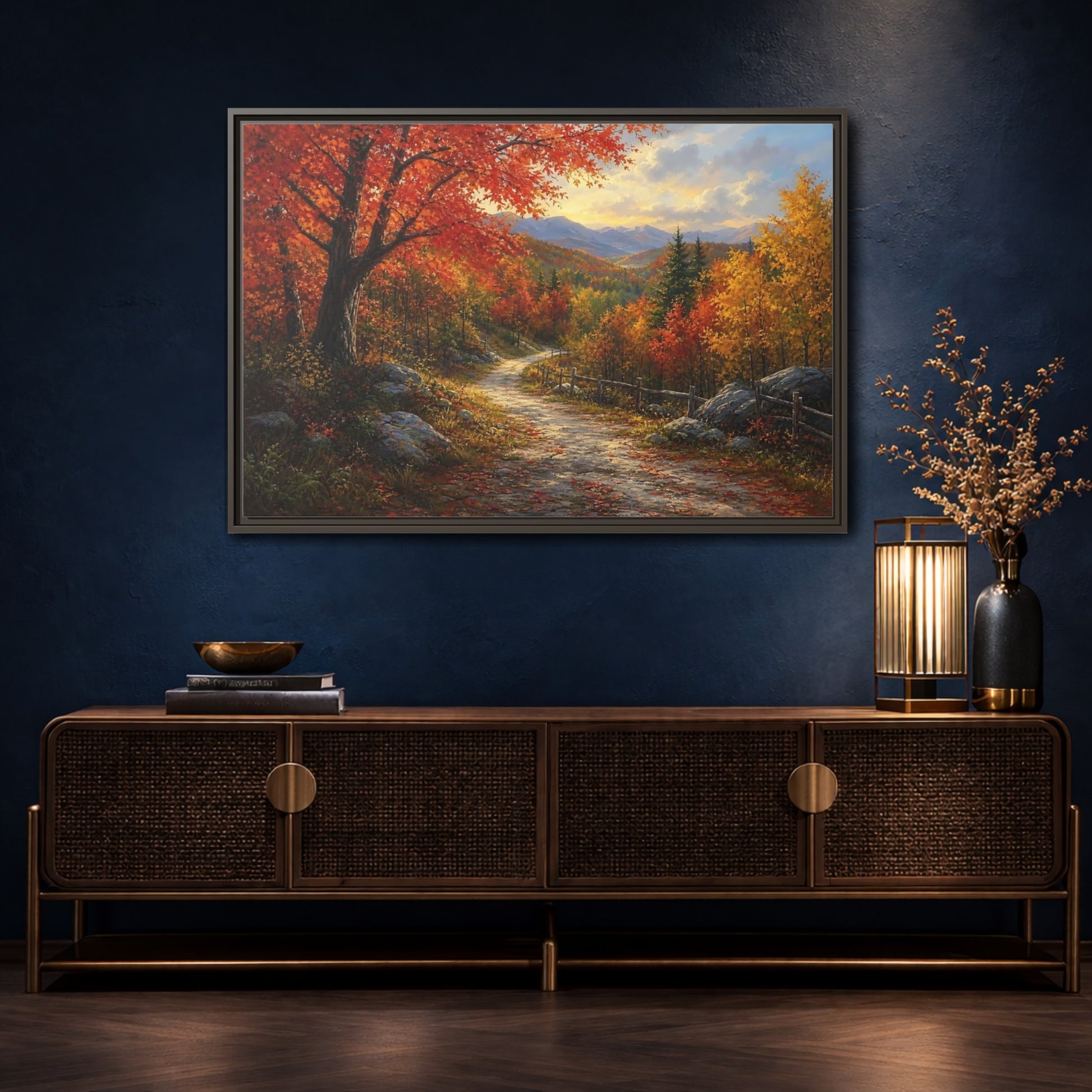 Mockup 4. Sunlit Autumn Trail shown as framed canvas print
