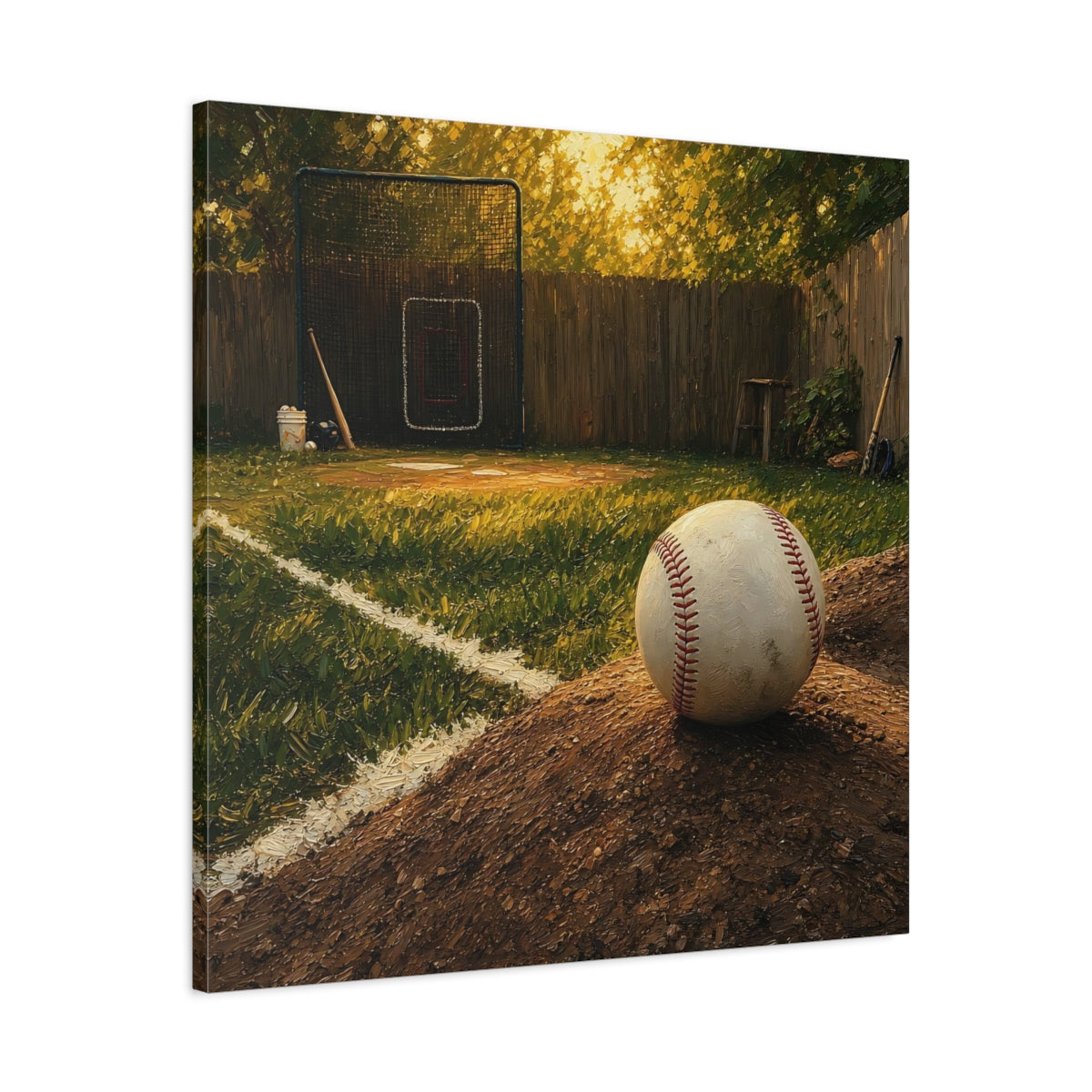 Side Mockup 3. Sunlit Backyard Baseball shown as canvas print