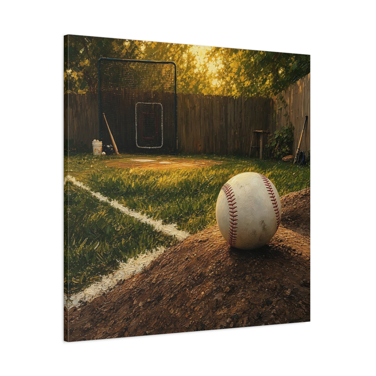 Side Mockup 1. Sunlit Backyard Baseball shown as canvas print