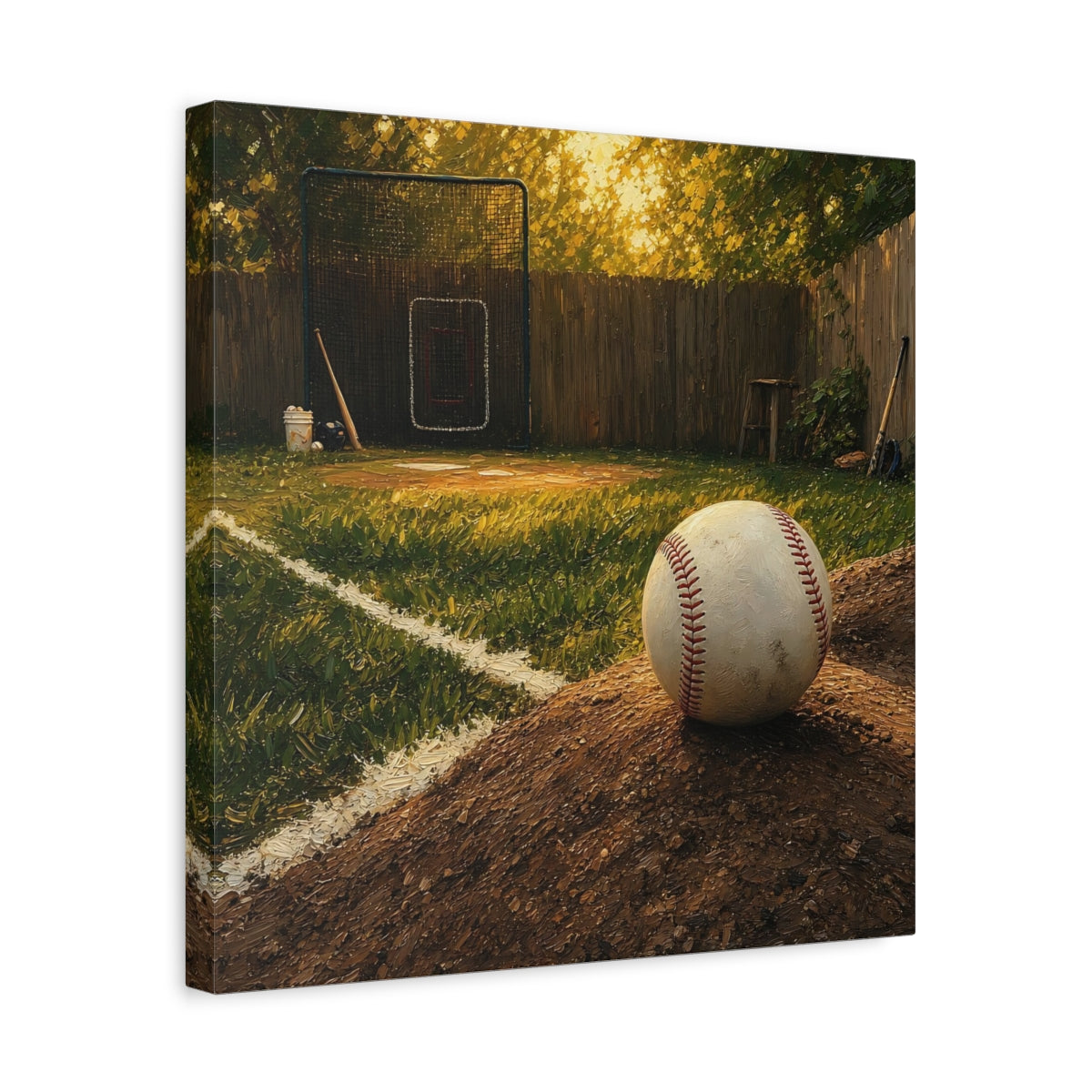 Side Mockup 6. Sunlit Backyard Baseball shown as canvas print