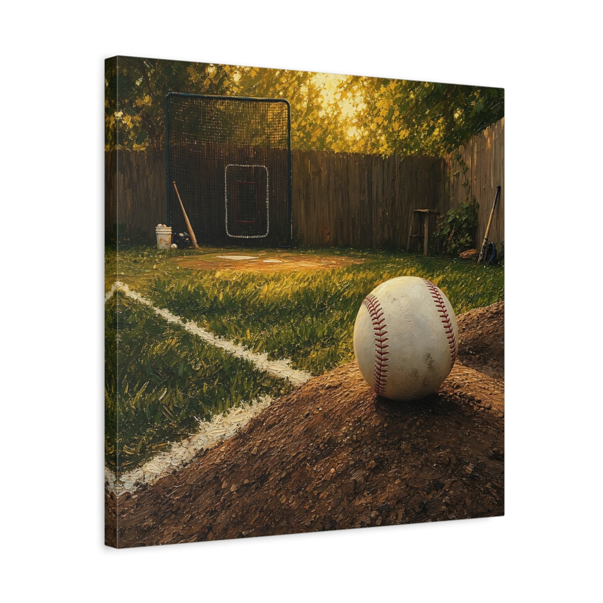 Side Mockup 5. Sunlit Backyard Baseball shown as canvas print