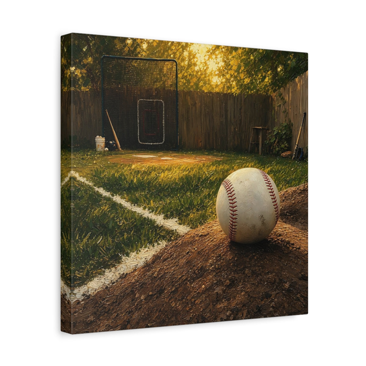 Side Mockup 7. Sunlit Backyard Baseball shown as canvas print