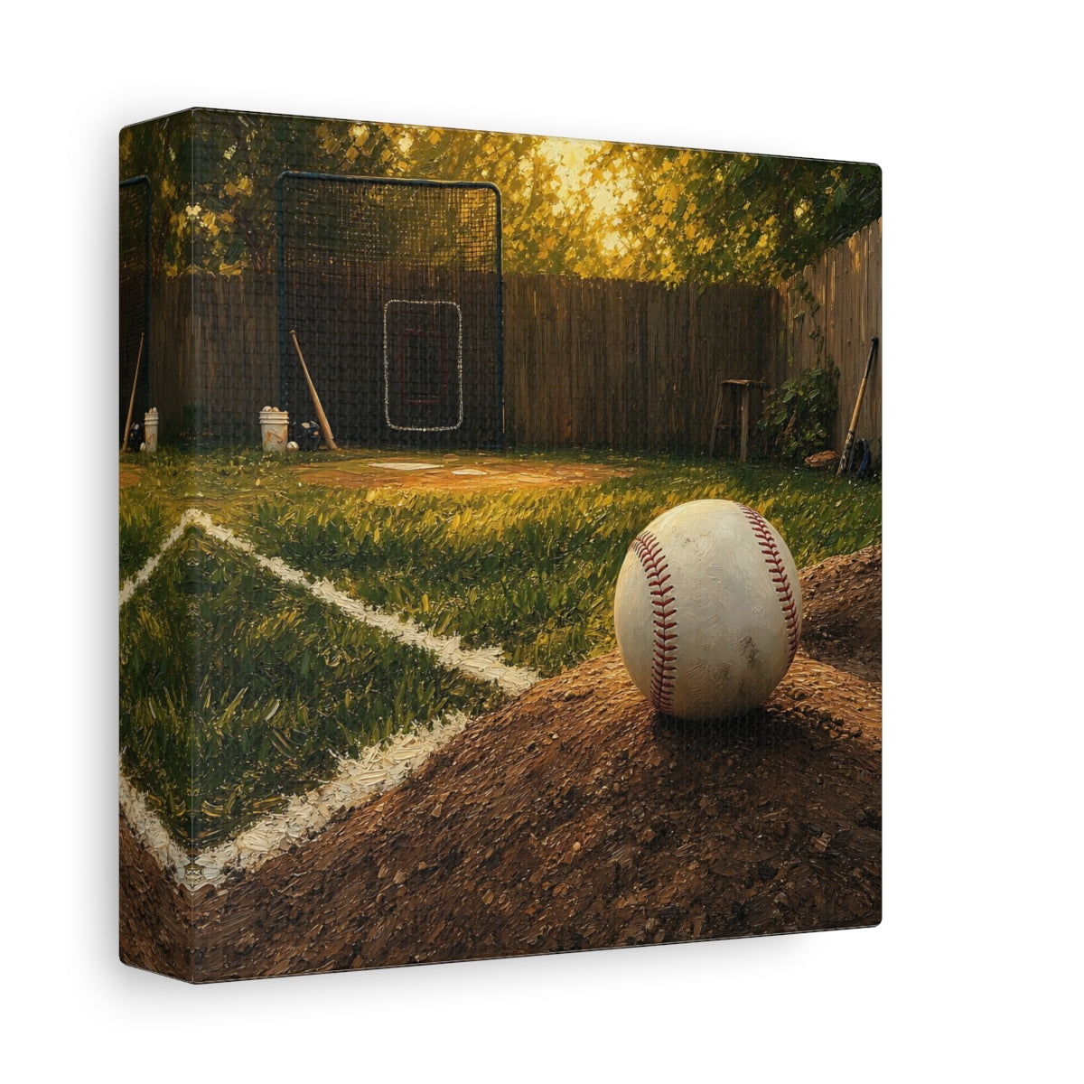 Side Mockup 2. Sunlit Backyard Baseball shown as canvas print