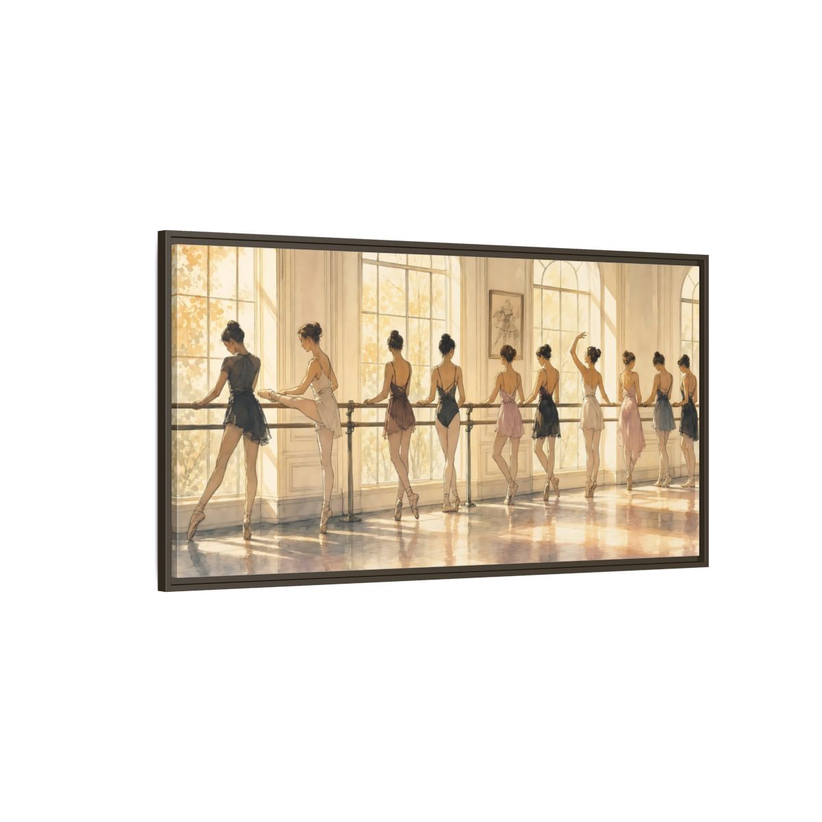 Side Mockup 4. Sunlit Ballet At The Barre shown as framed canvas print