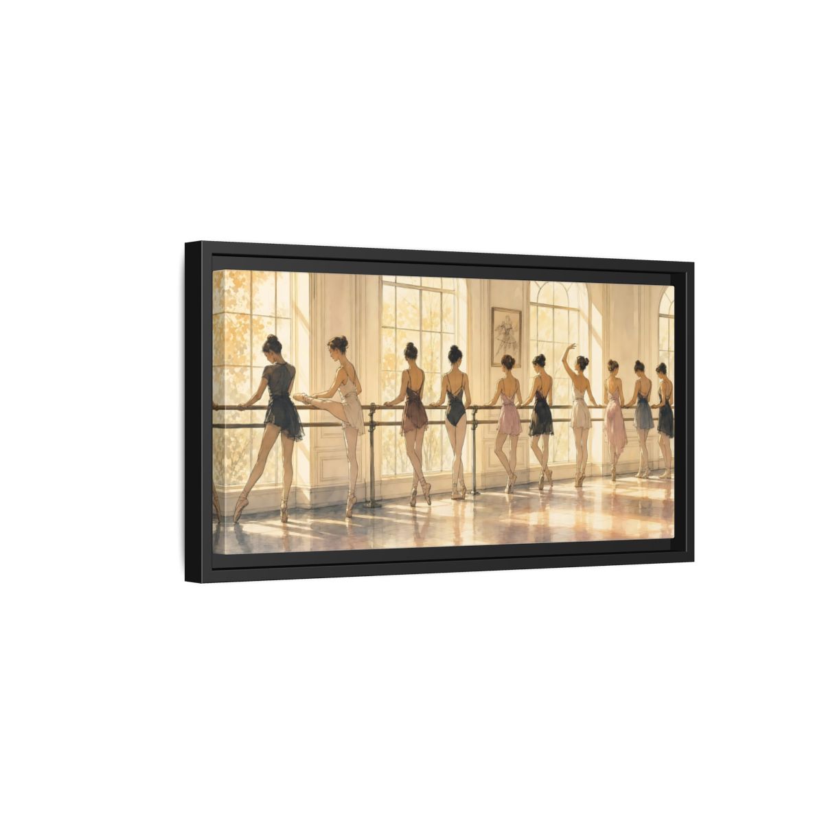 Side Mockup 8. Sunlit Ballet At The Barre shown as framed canvas print