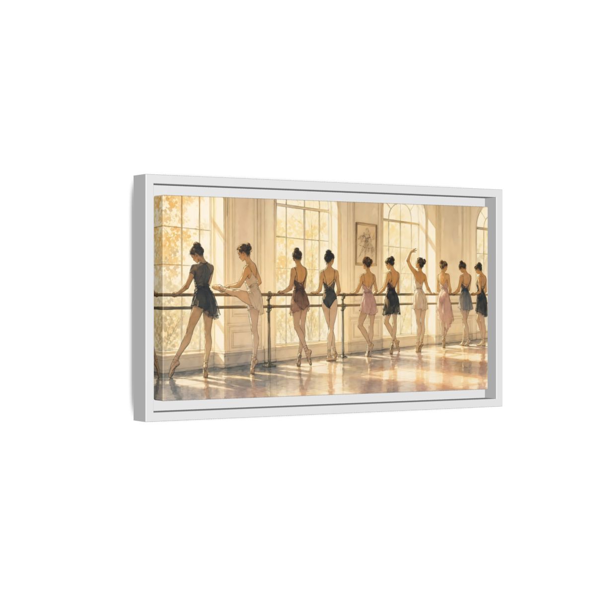 Side Mockup 6. Sunlit Ballet At The Barre shown as framed canvas print