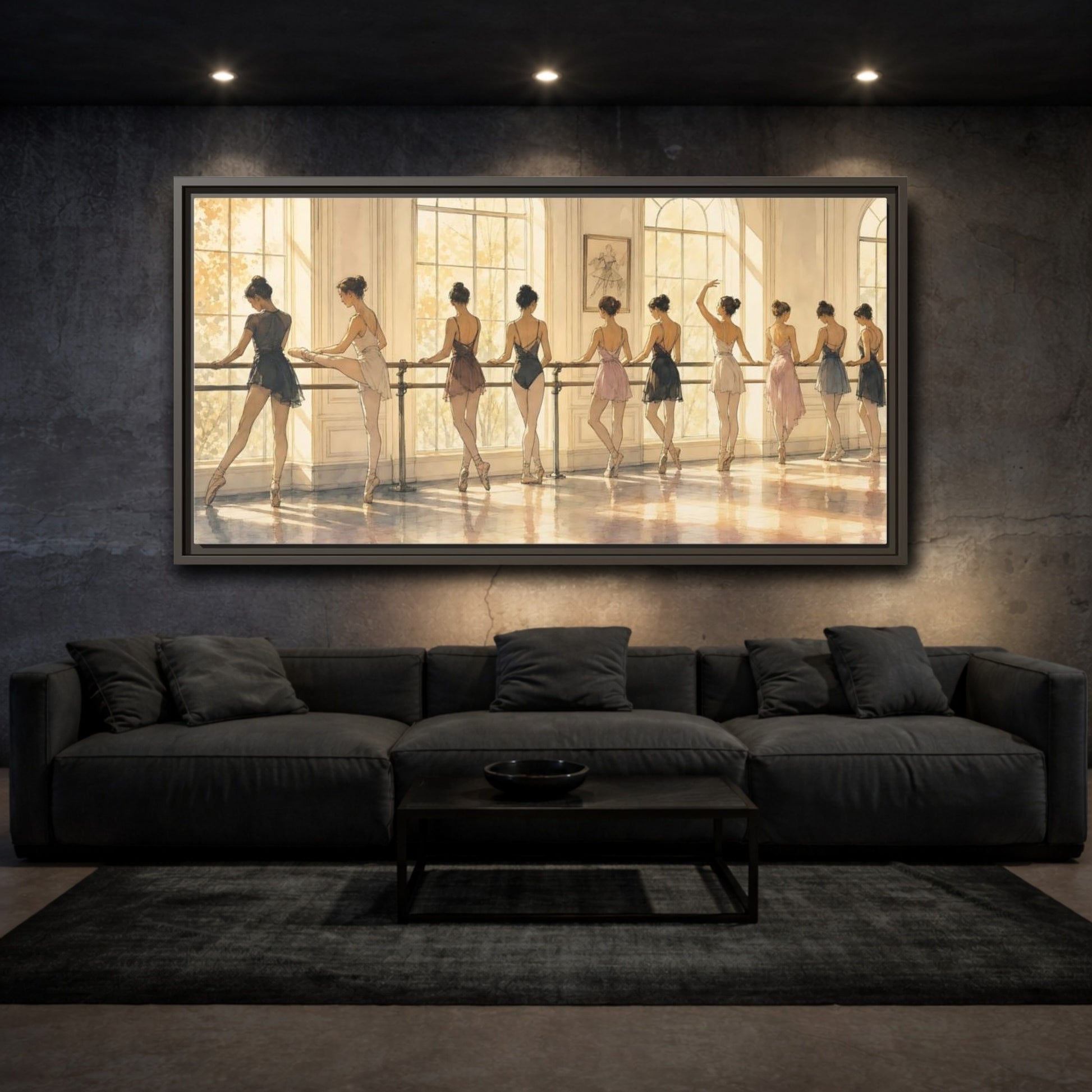 Mockup 3. Sunlit Ballet At The Barre shown as framed canvas print