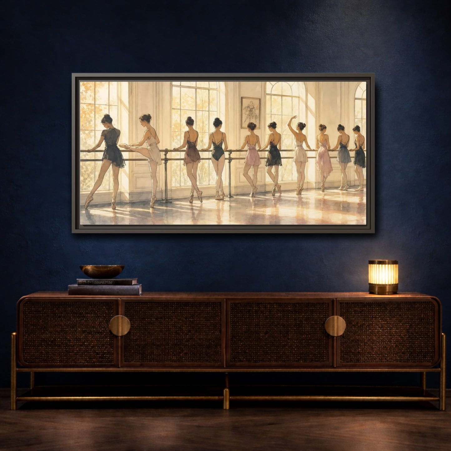 Mockup 4. Sunlit Ballet At The Barre shown as framed canvas print