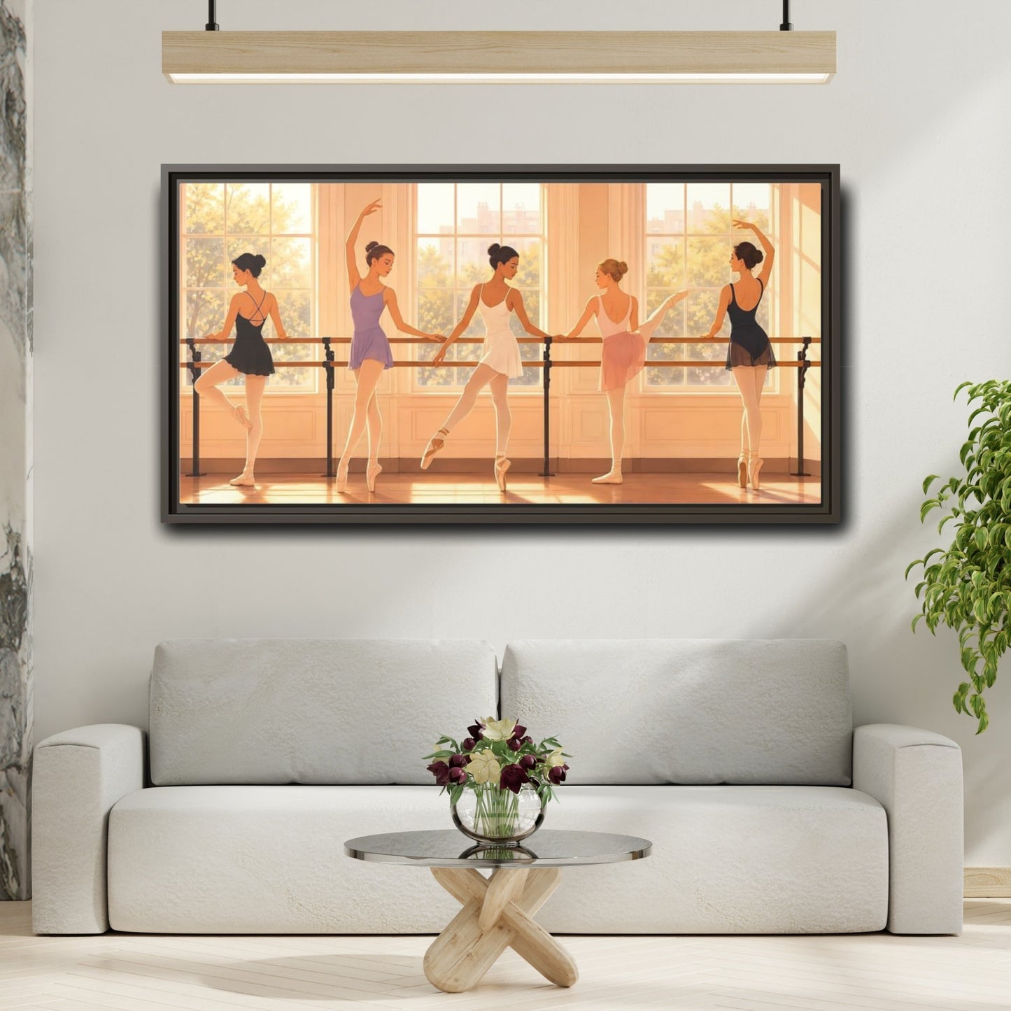 Mockup 2. Sunlit Ballet Class shown as framed canvas print