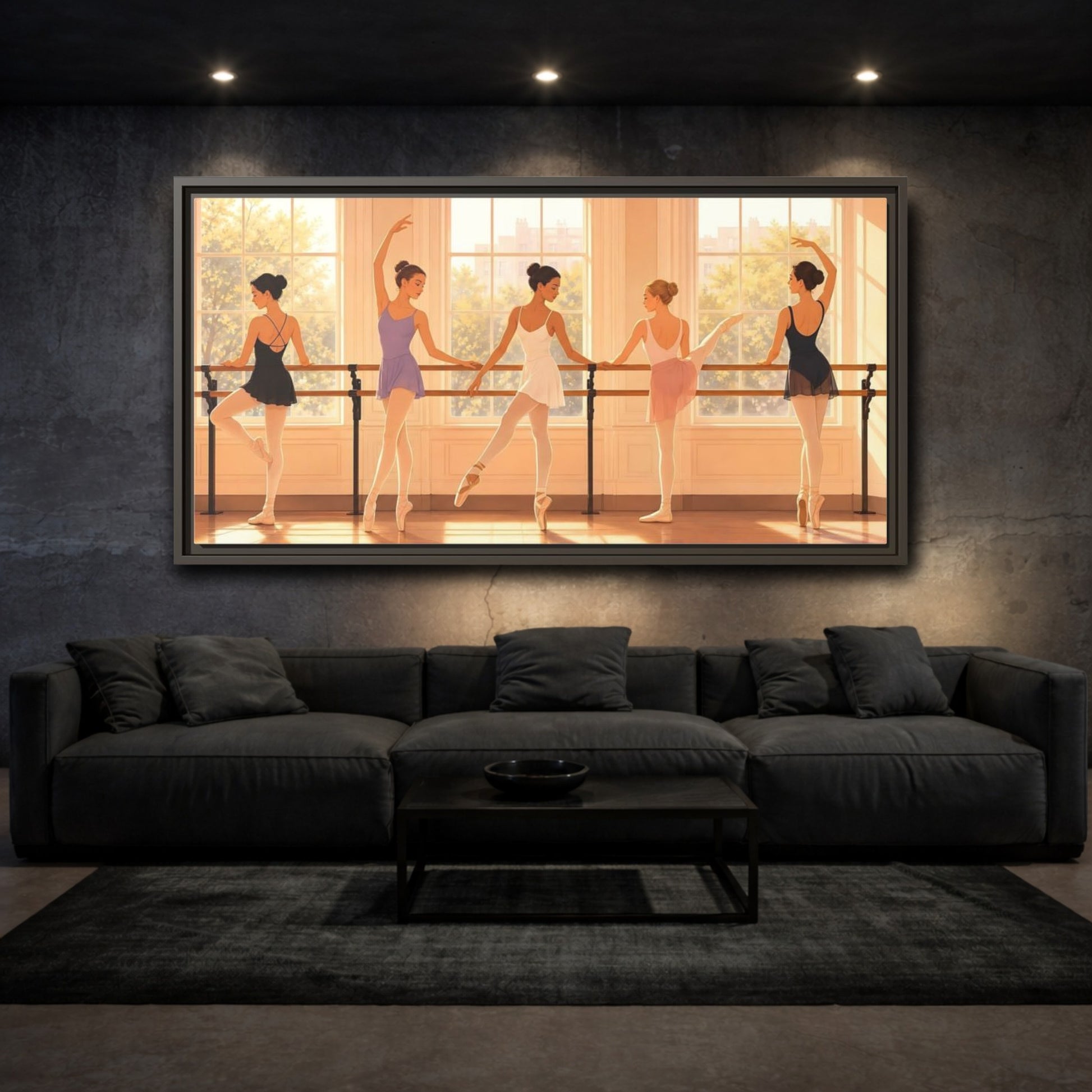 Mockup 3. Sunlit Ballet Class shown as framed canvas print