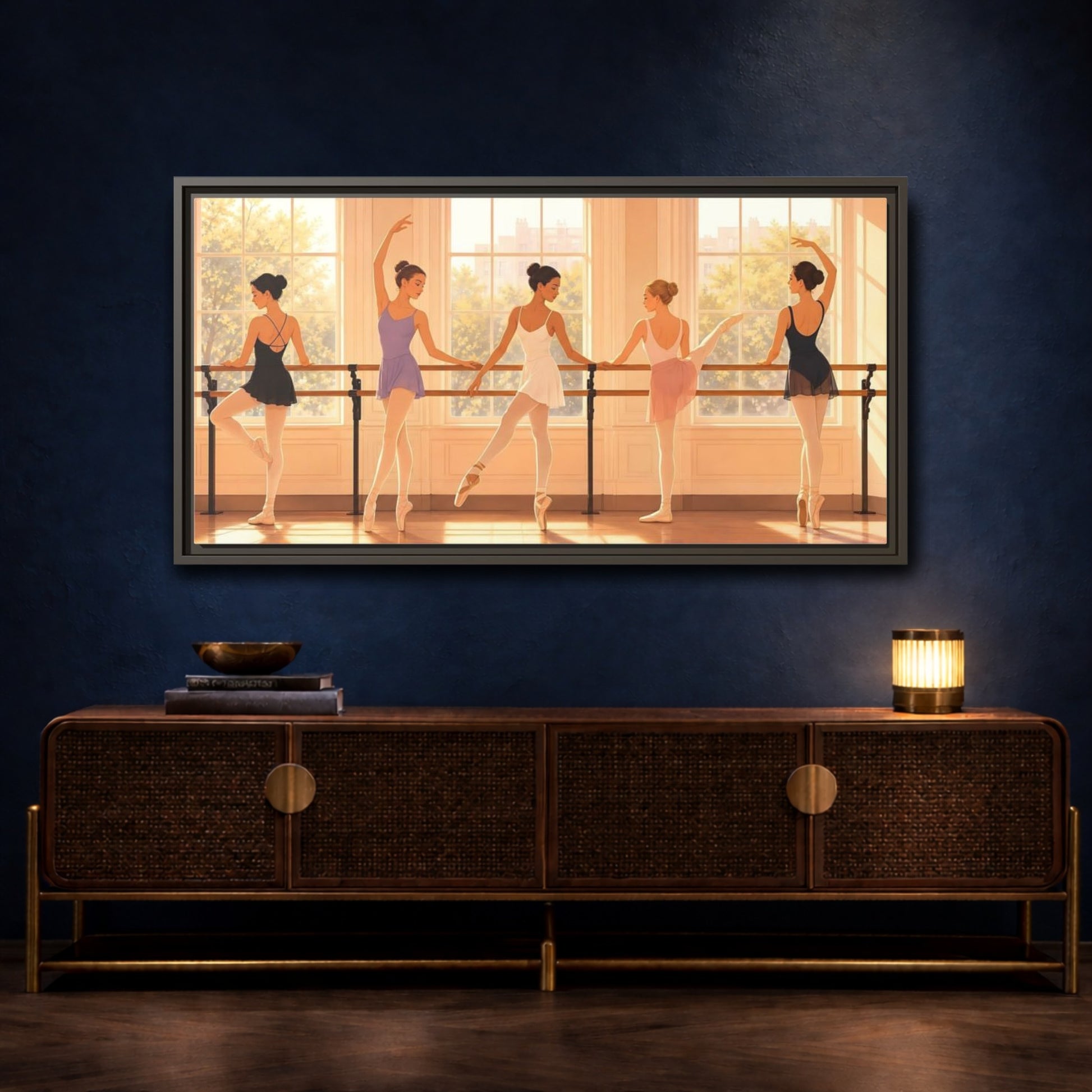 Mockup 4. Sunlit Ballet Class shown as framed canvas print