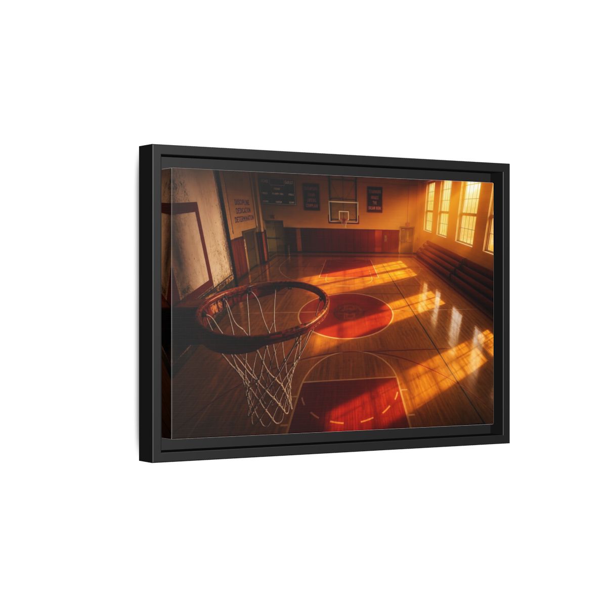 Side Mockup 6. Sunlit Basketball Court shown as framed canvas print