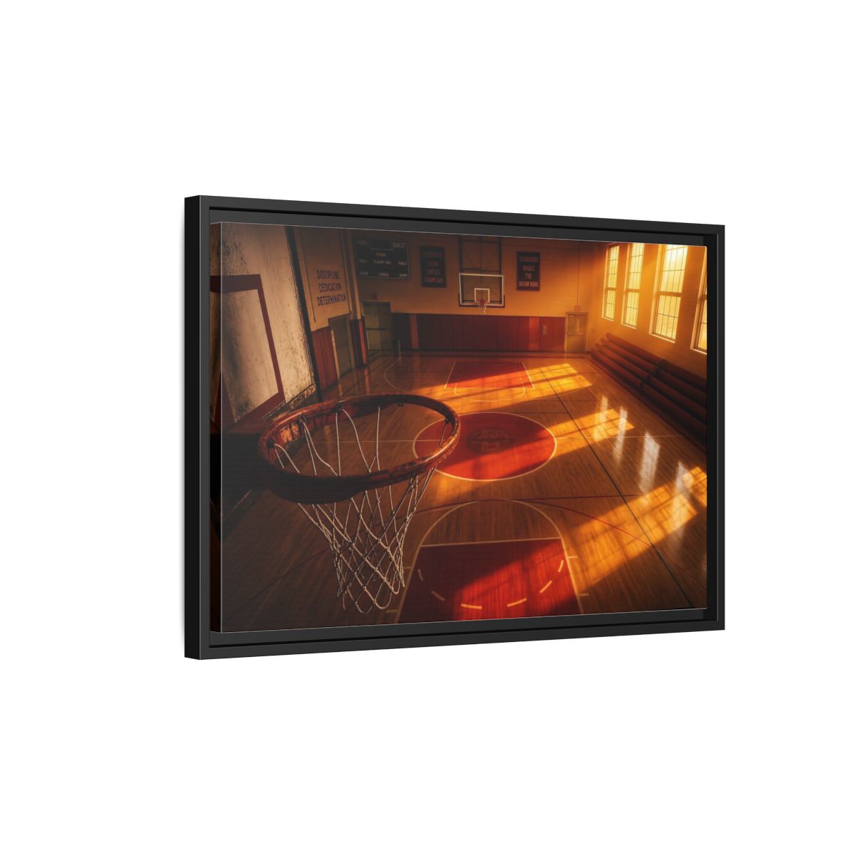 Side Mockup 3. Sunlit Basketball Court shown as framed canvas print