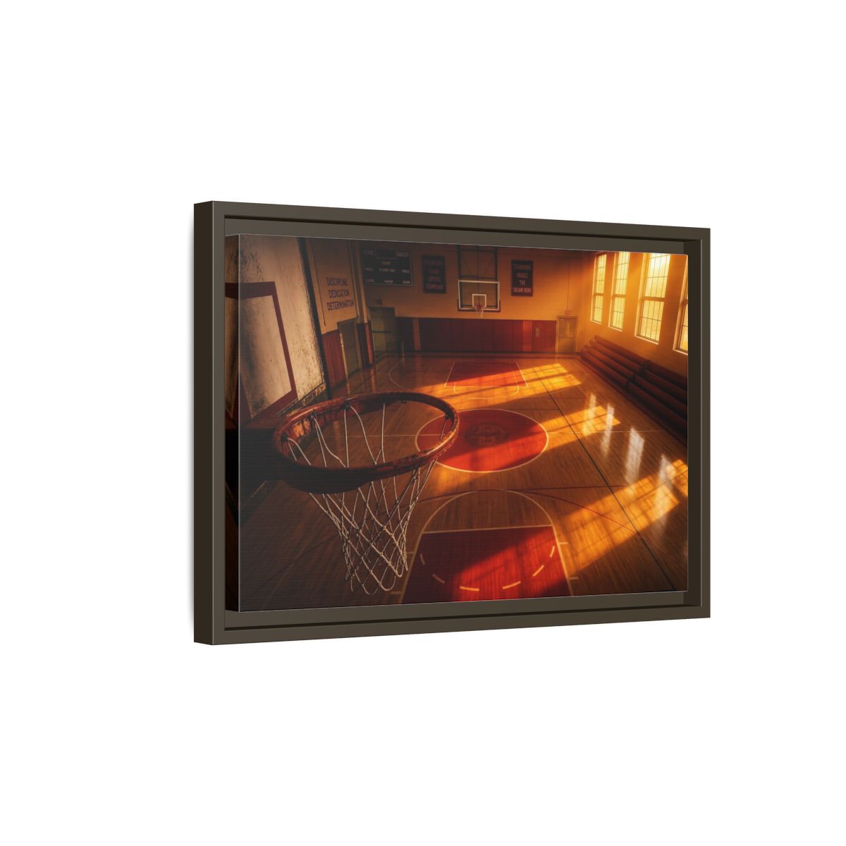 Side Mockup 5. Sunlit Basketball Court shown as framed canvas print