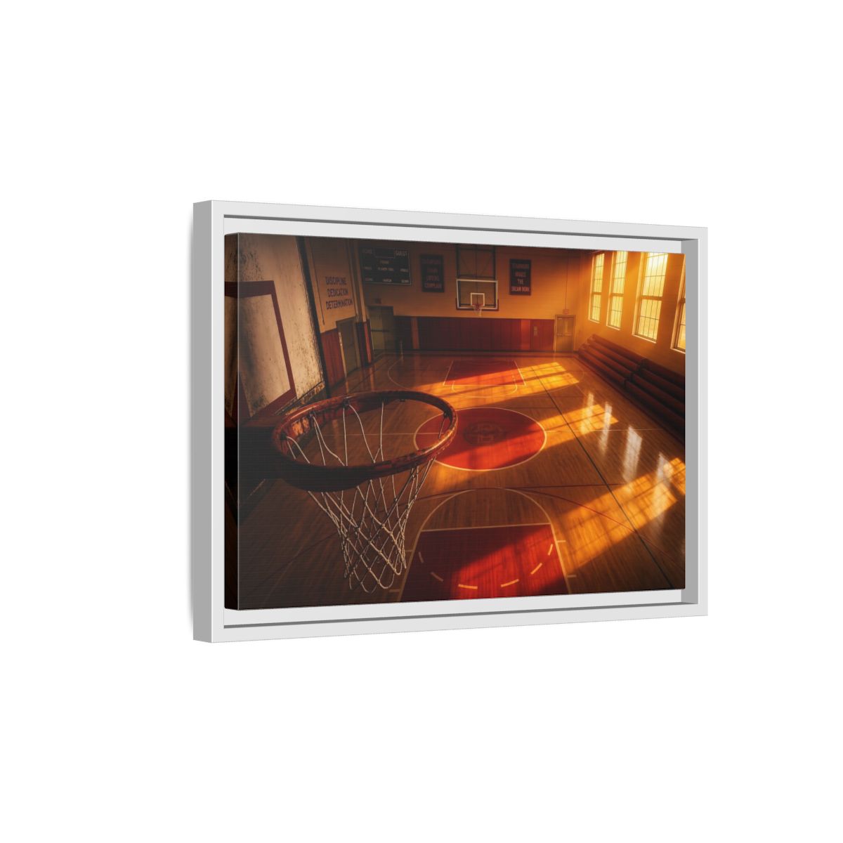 Side Mockup 4. Sunlit Basketball Court shown as framed canvas print