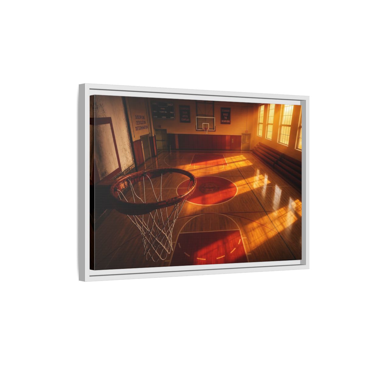 Side Mockup 1. Sunlit Basketball Court shown as framed canvas print