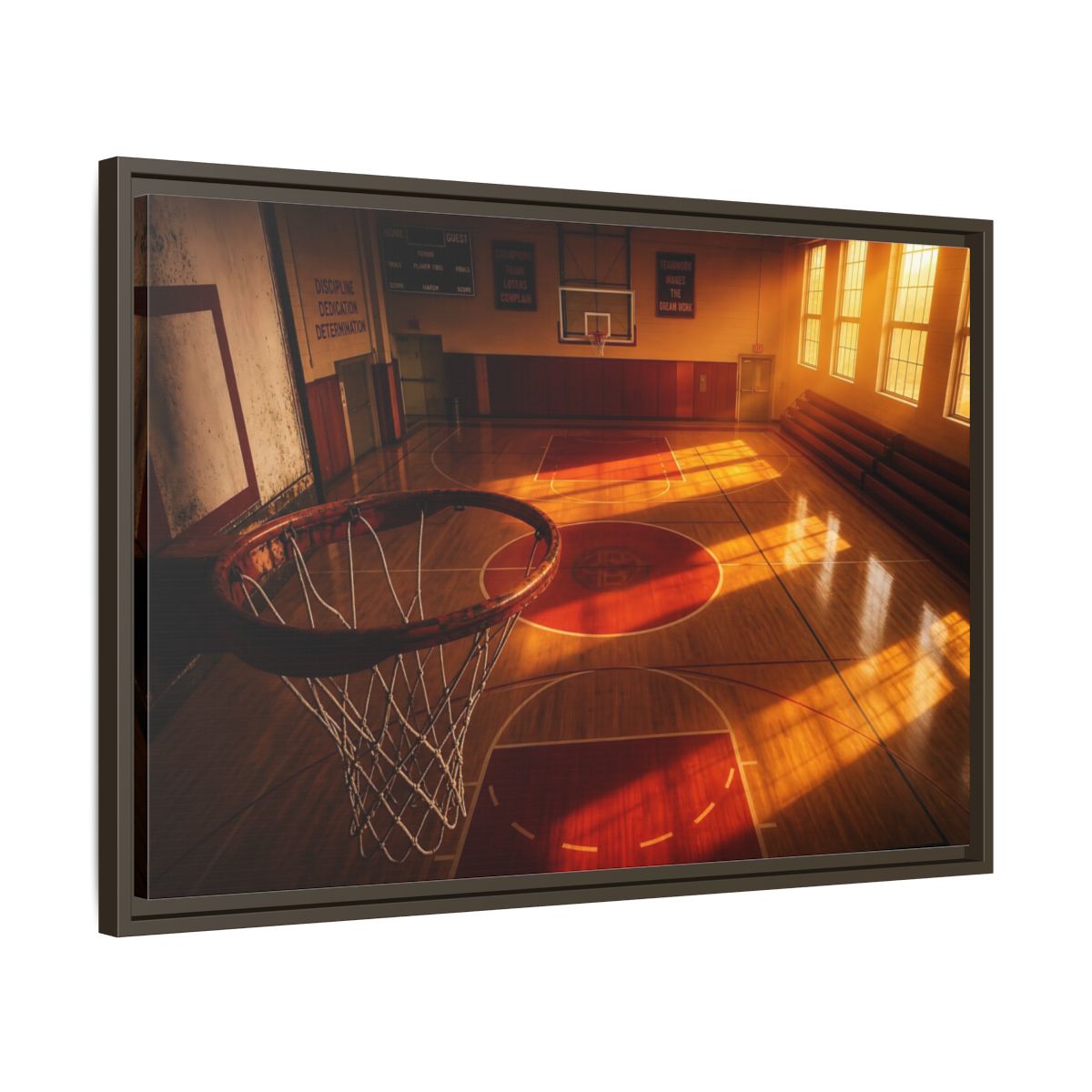Side Mockup 11. Sunlit Basketball Court shown as framed canvas print
