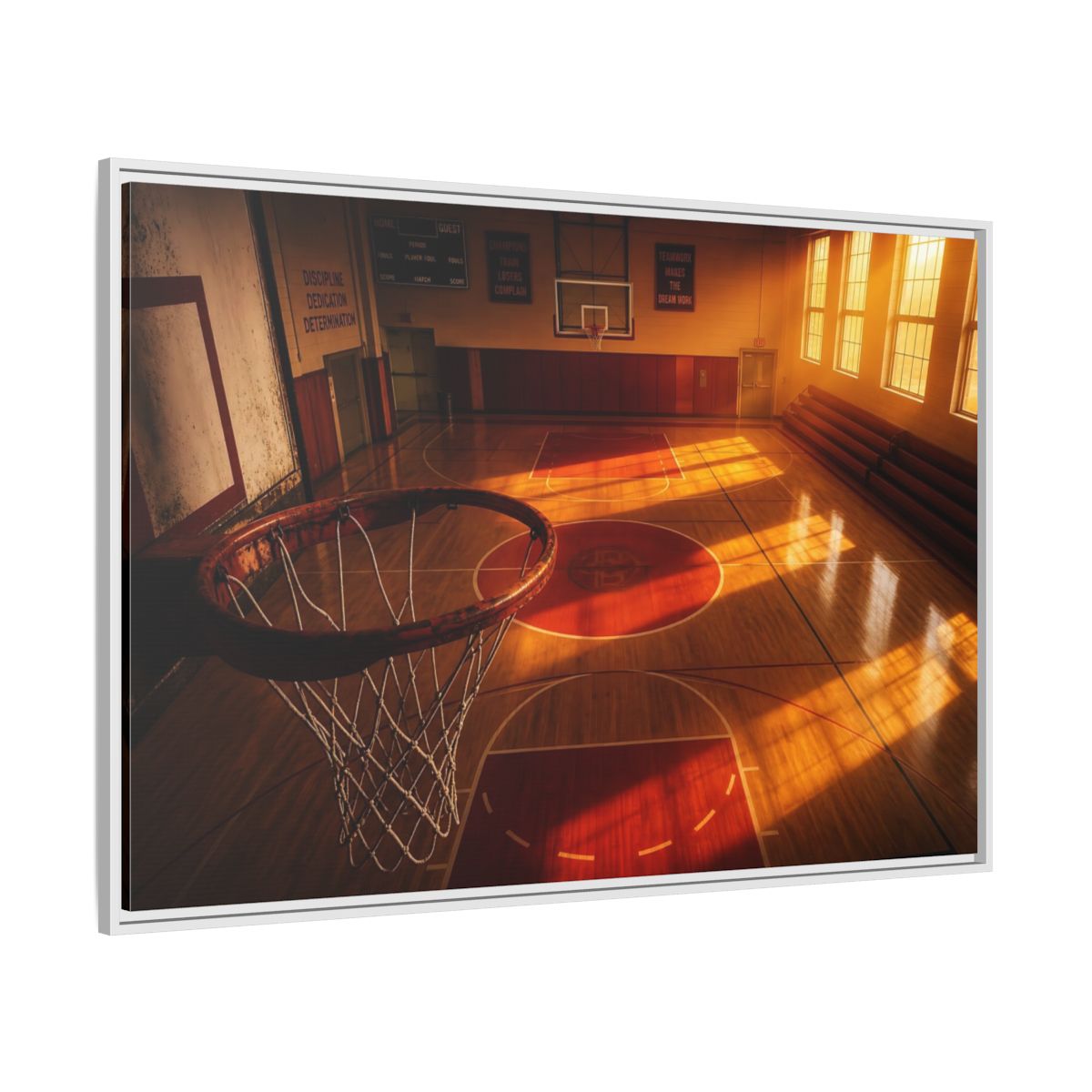 Side Mockup 7. Sunlit Basketball Court shown as framed canvas print