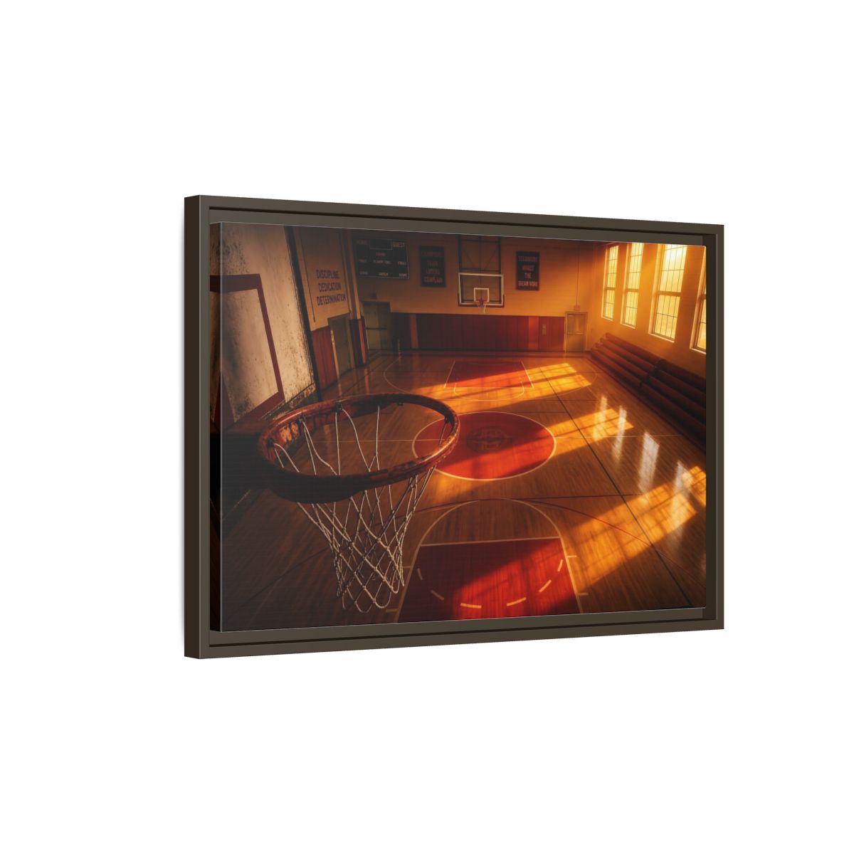 Side Mockup 2. Sunlit Basketball Court shown as framed canvas print