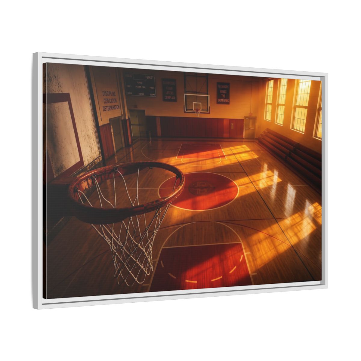 Side Mockup 9. Sunlit Basketball Court shown as framed canvas print