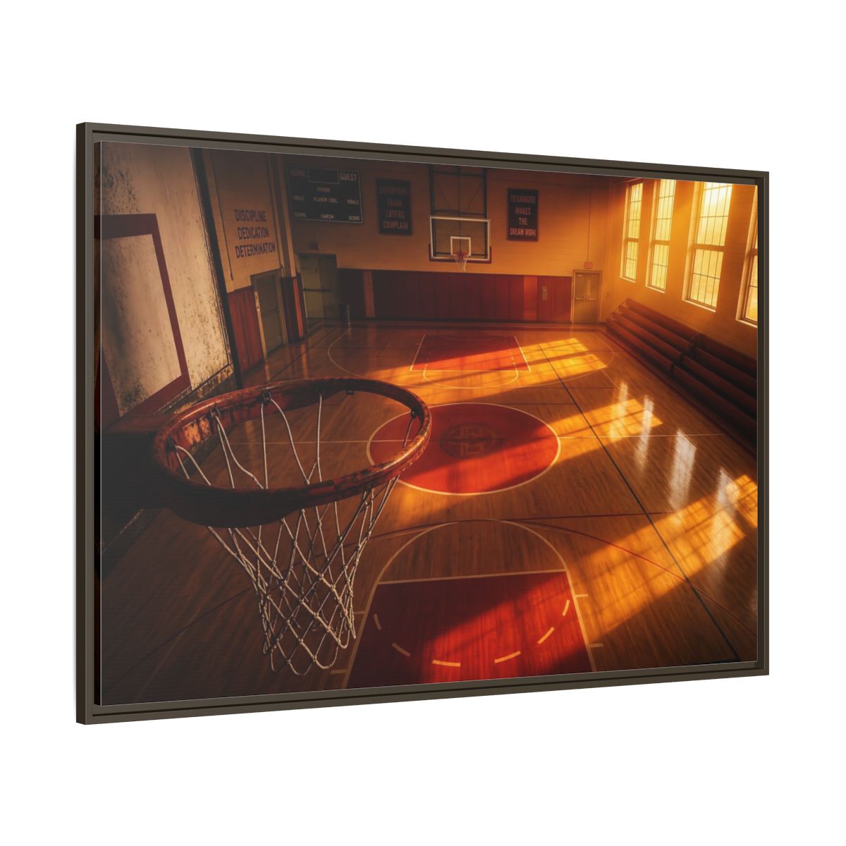 Side Mockup 8. Sunlit Basketball Court shown as framed canvas print