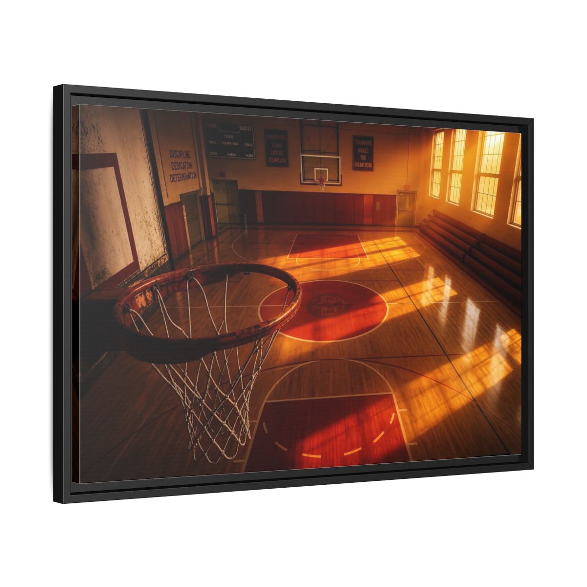 Side Mockup 14. Sunlit Basketball Court shown as framed canvas print