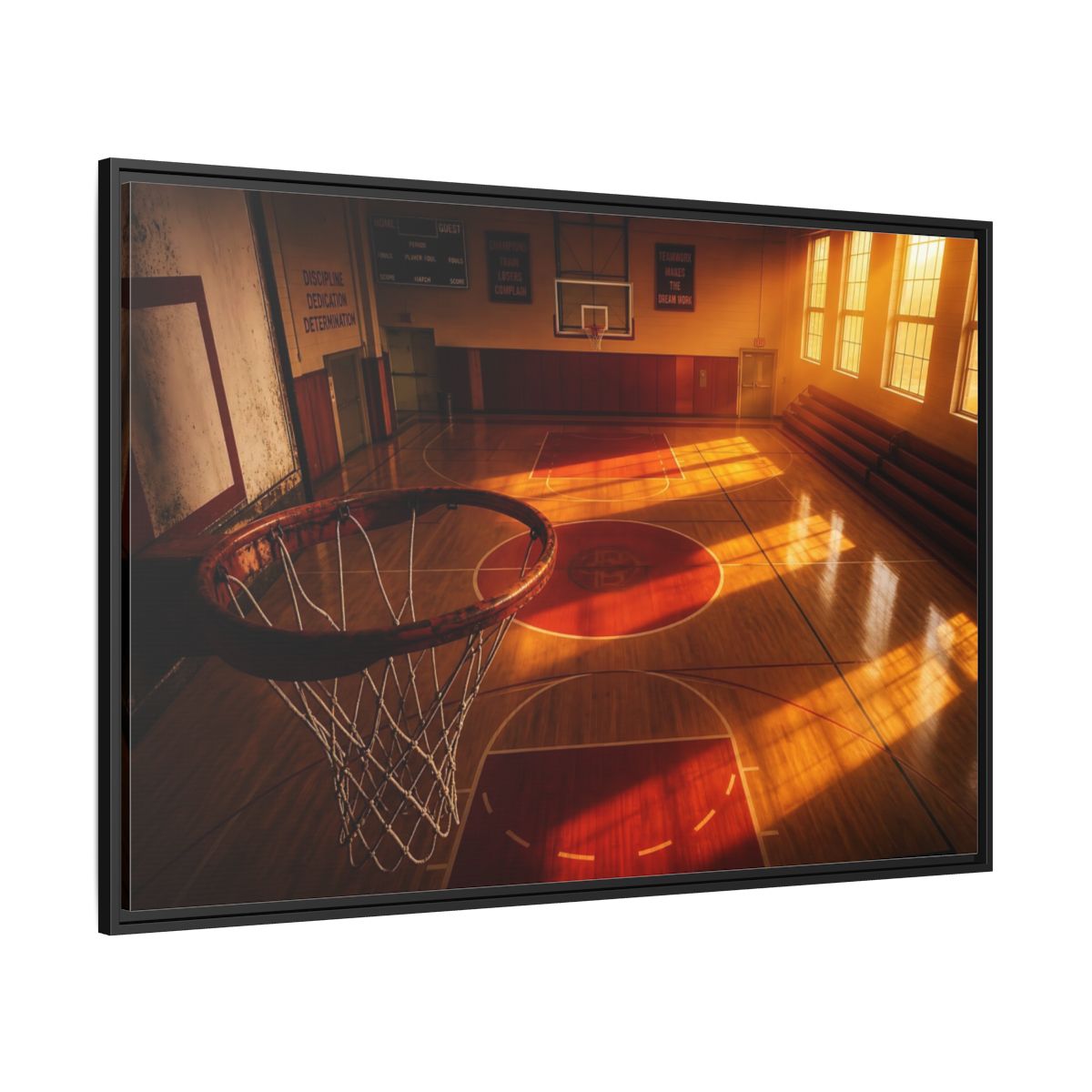 Side Mockup 12. Sunlit Basketball Court shown as framed canvas print