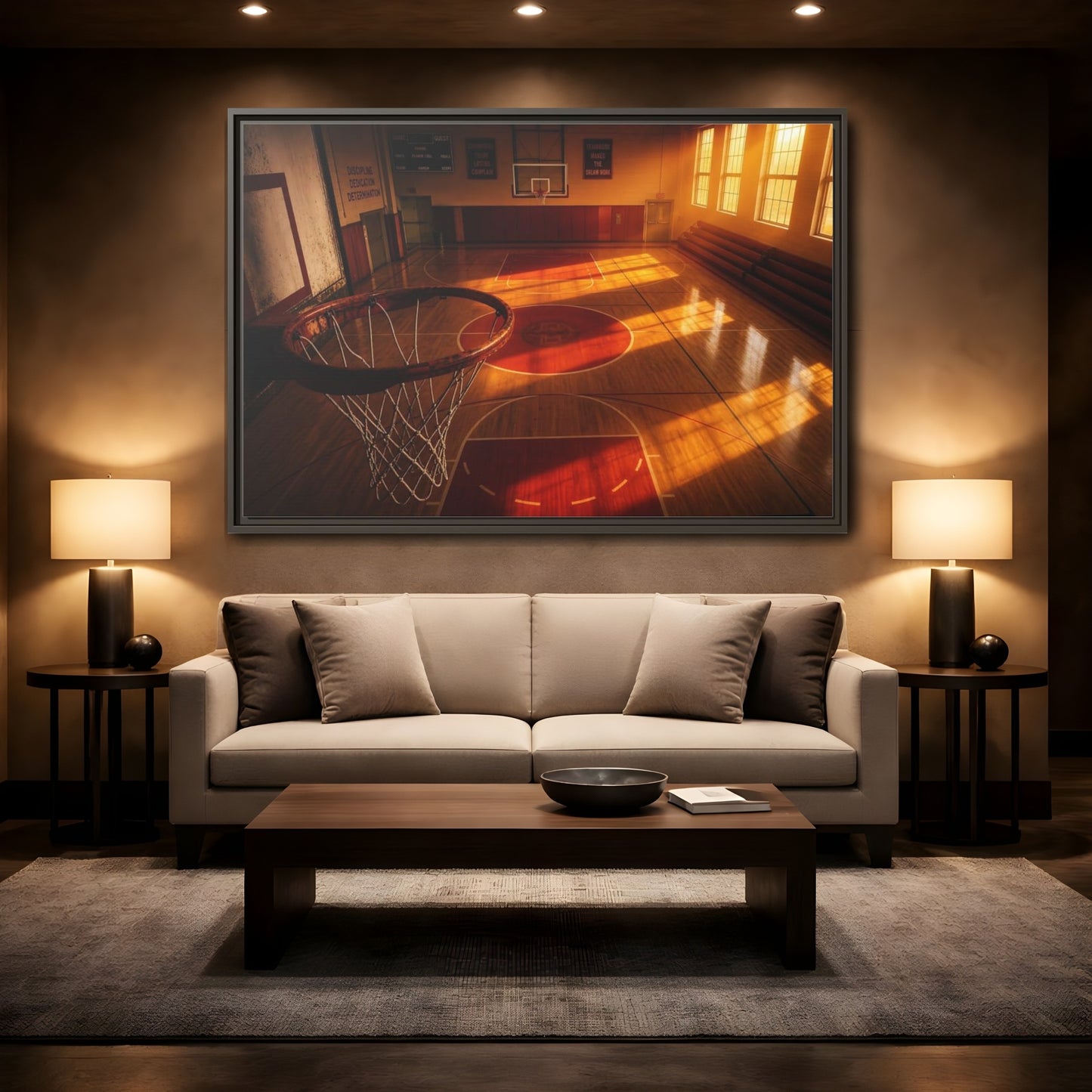 Mockup 2. Sunlit Basketball Court shown as framed canvas print
