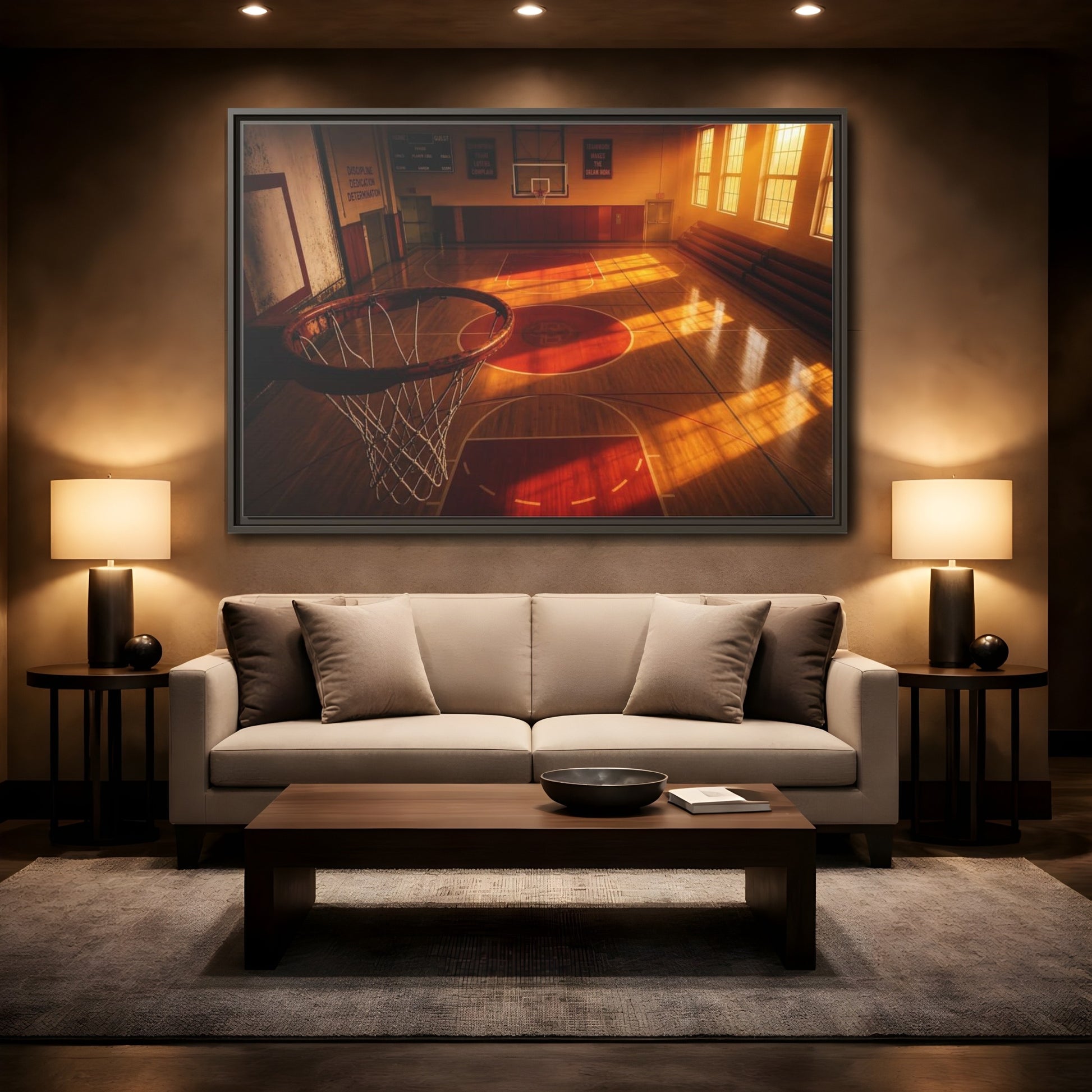 Mockup 2. Sunlit Basketball Court shown as framed canvas print