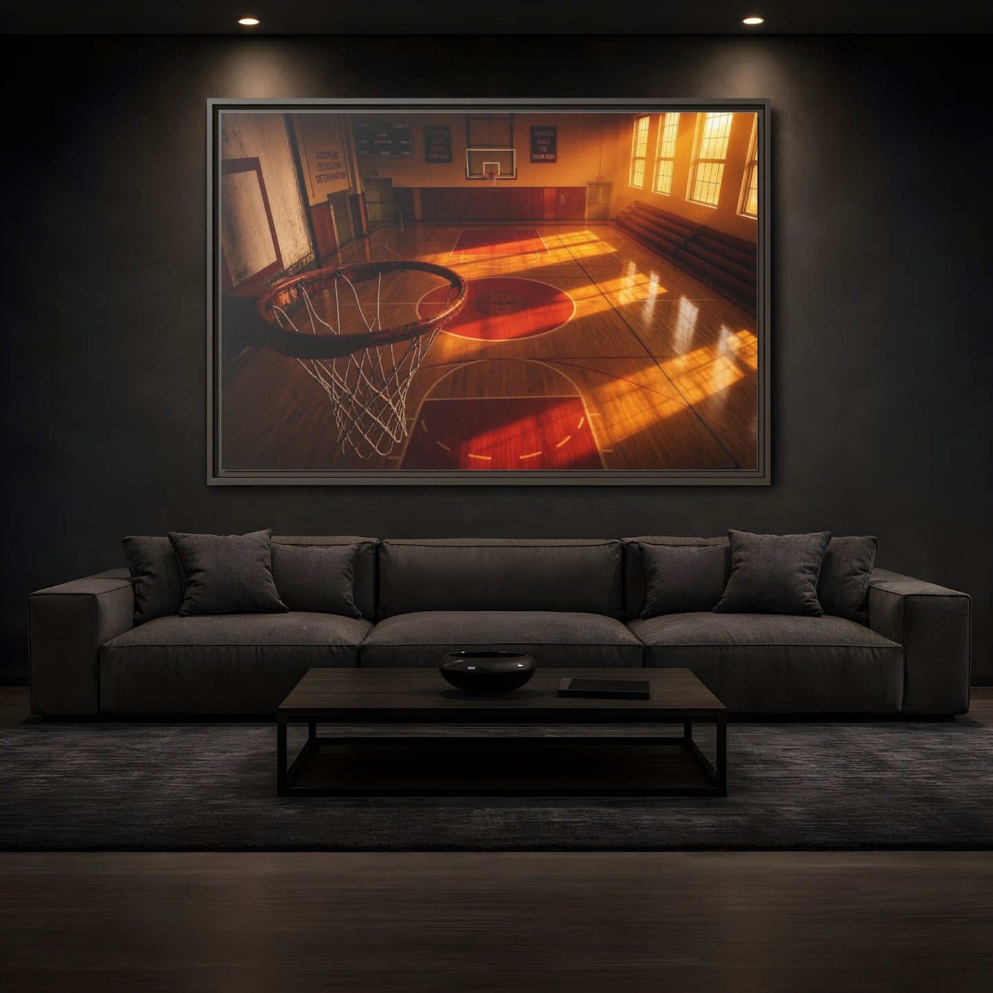 Mockup 3. Sunlit Basketball Court shown as framed canvas print