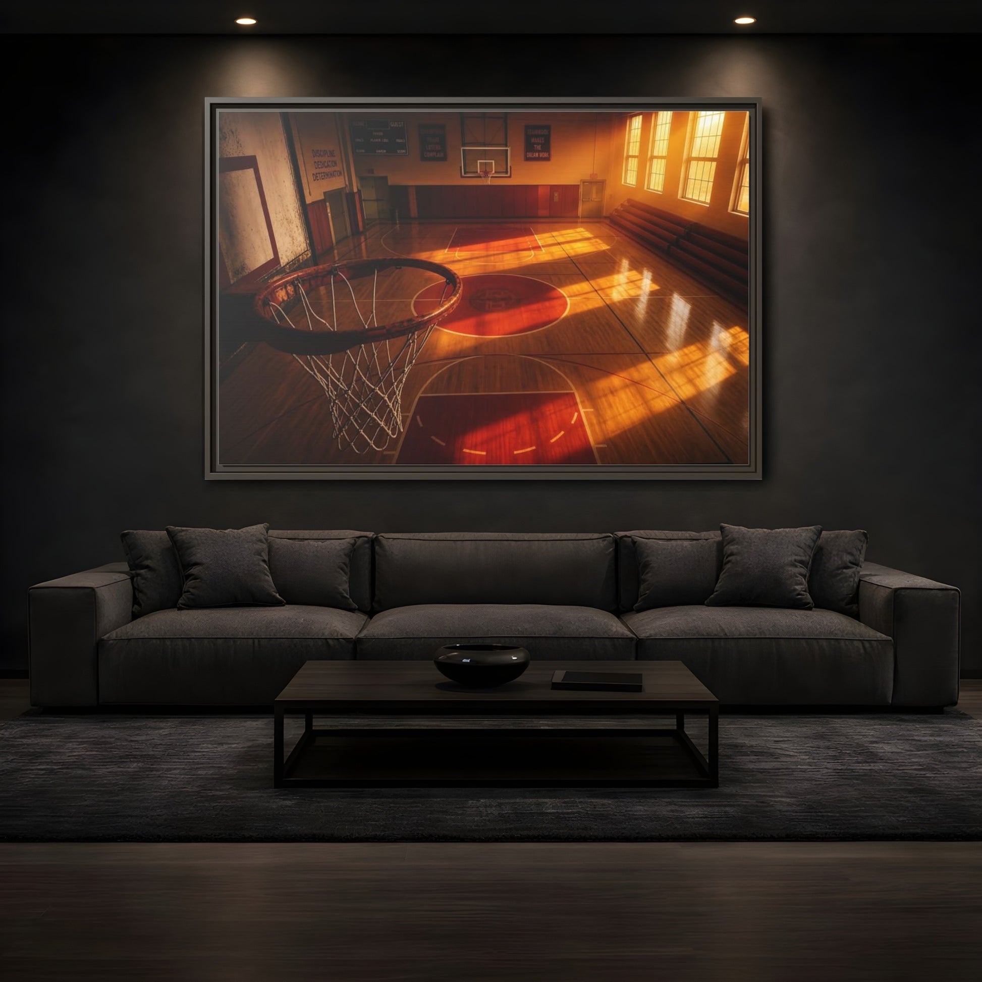 Mockup 3. Sunlit Basketball Court shown as framed canvas print