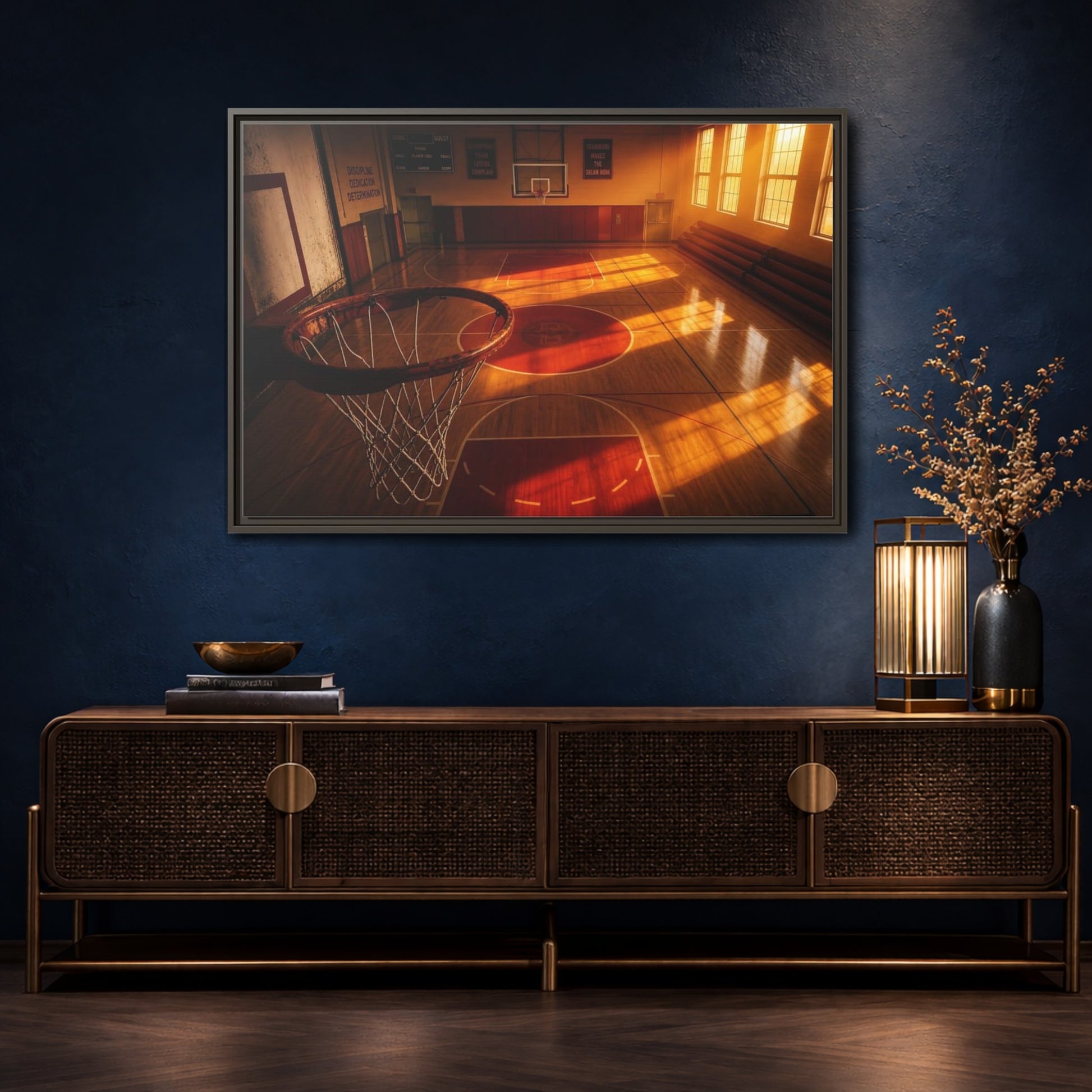 Mockup 4. Sunlit Basketball Court shown as framed canvas print