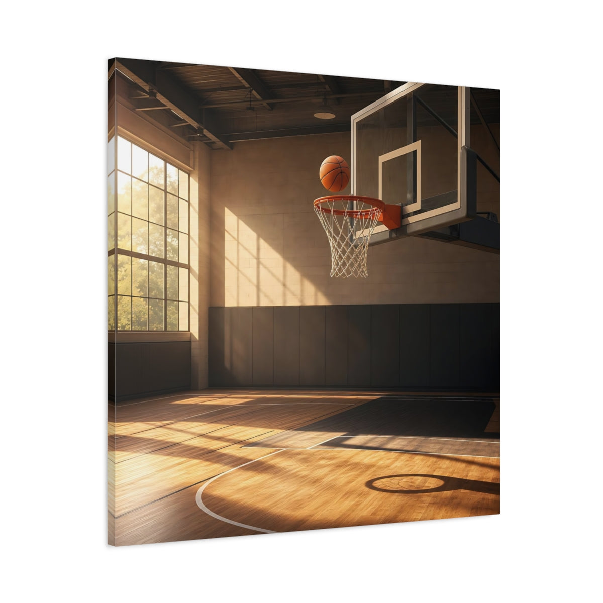 Main Mockup. Sunlit Basketball Hoop shown as canvas print