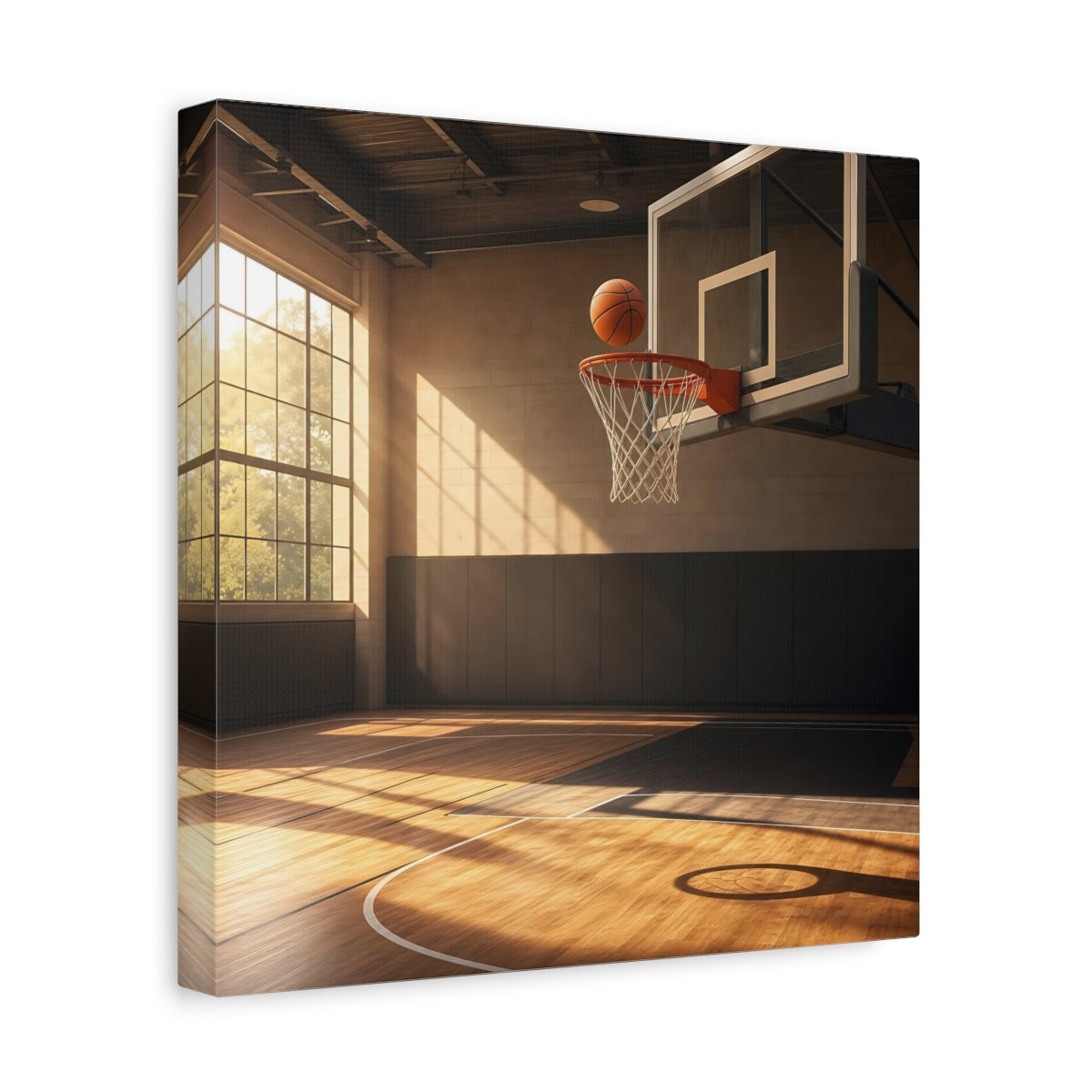 Side Mockup 8. Sunlit Basketball Hoop shown as canvas print